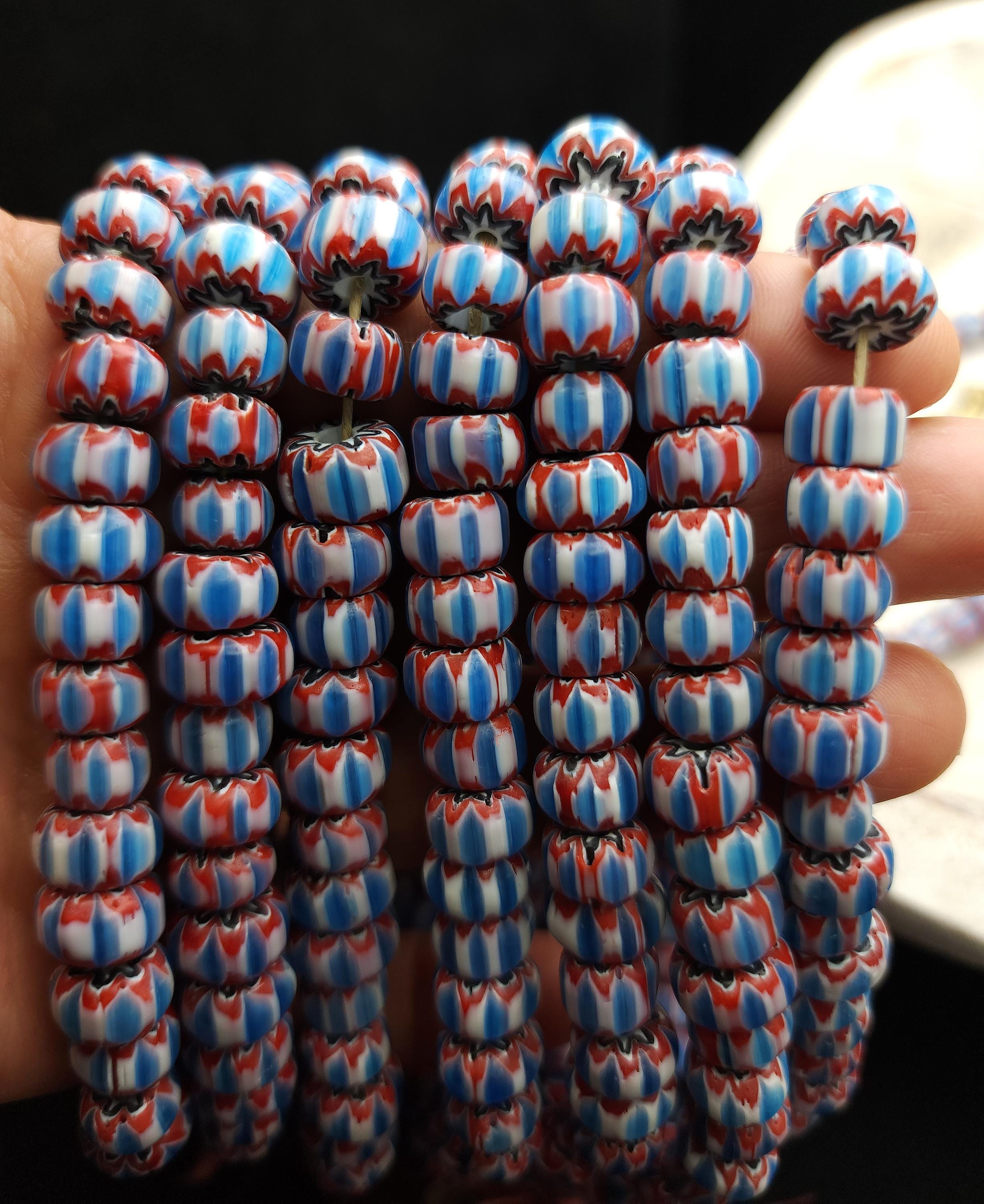 Chevron Beads 6 Layers [Blue, White, Red] Strand 10" Inches [40 Beads] 8-11mm, Jewelry Making Supplies.