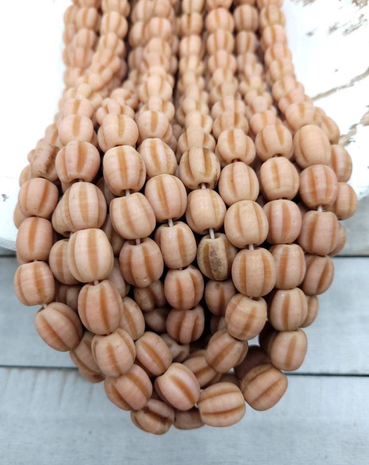 Strand of 12 Melon Glass Beads With Accent Rustic Old Look 12-13mm, Jewelry Supplies, Ethnic Tribal Artisan Beads, Indonesian, Thai Beads.