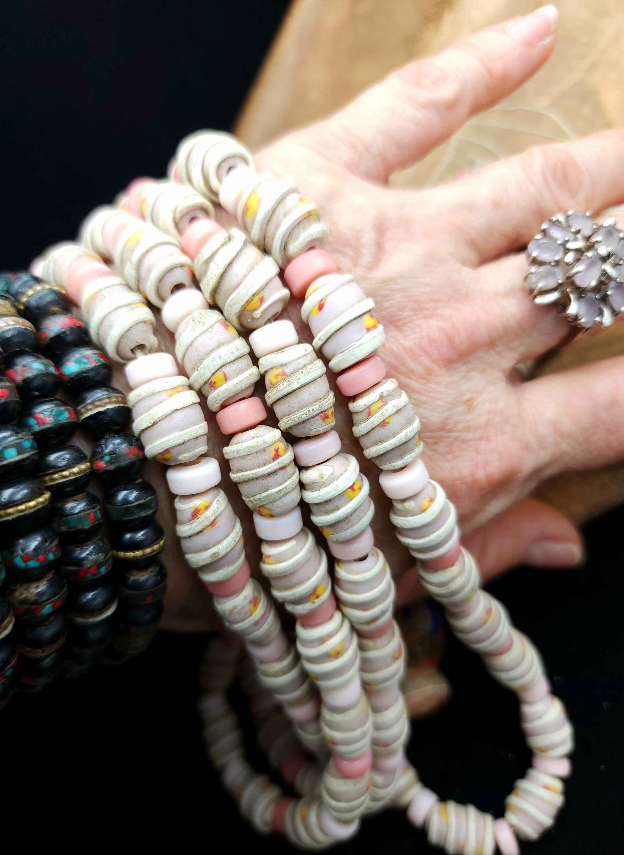Vintage Rustic Old Accent Glass Beads From Java Indonesia Strand 10 Beads 14-16mm x 11-12mm,  Lampwork, Jewelry Making Supplies, Craft.