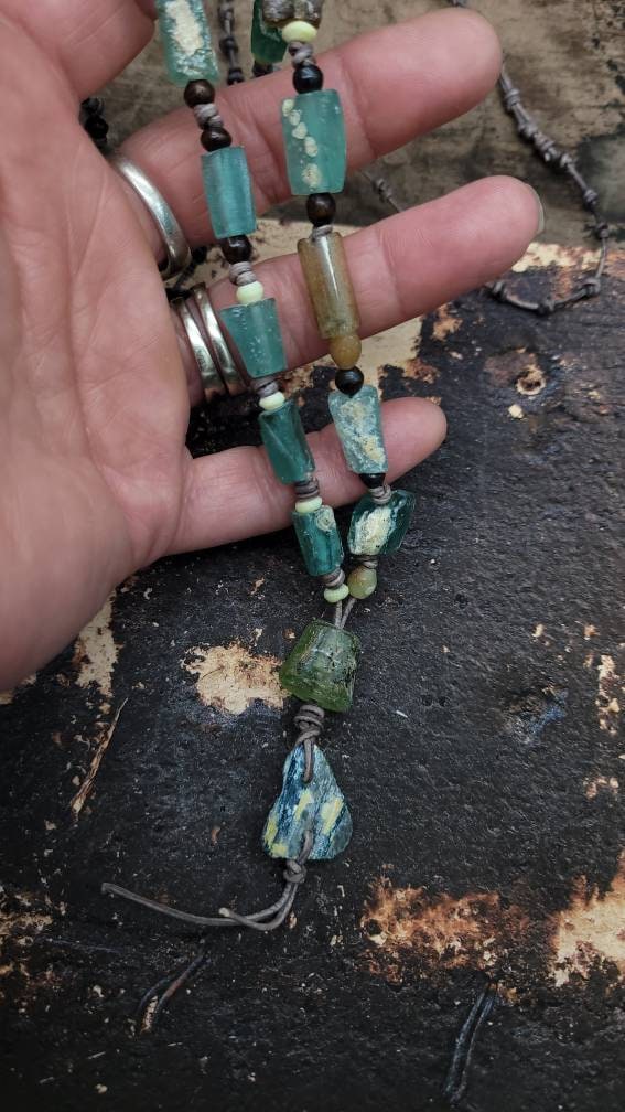 Beautiful Long Genuine Leather Necklace / Very Antique Roman Glass.