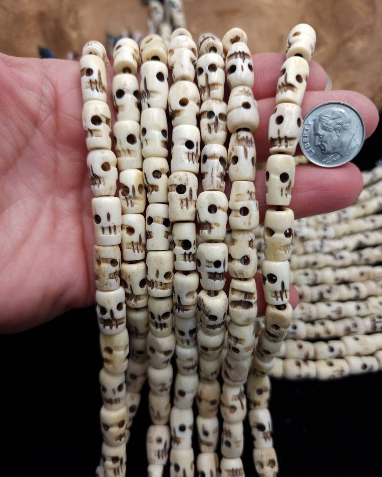 Skull Bone Beads / Rosary  / Buddhist Bone Skull Beads / Hand Carved Skull Beads / Kali Skull Beads / Strand 10" 12-14mm / Jewelry Supplies