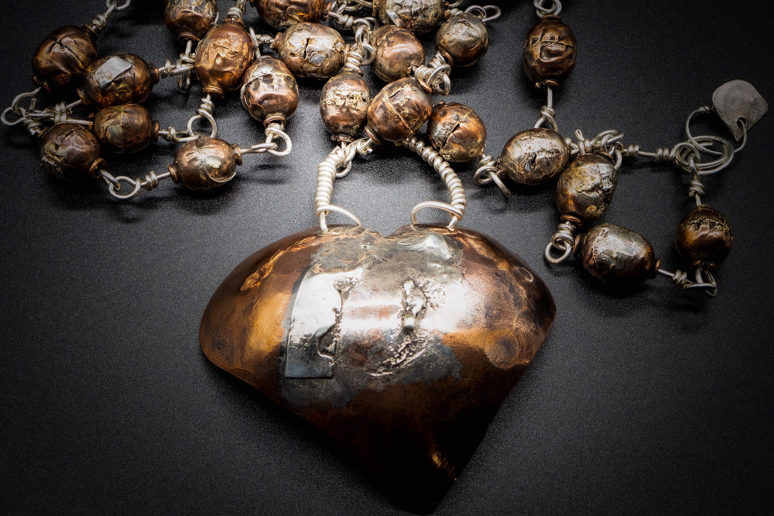 925 Silver, Silver cross- copper heart, Copper necklace 15"