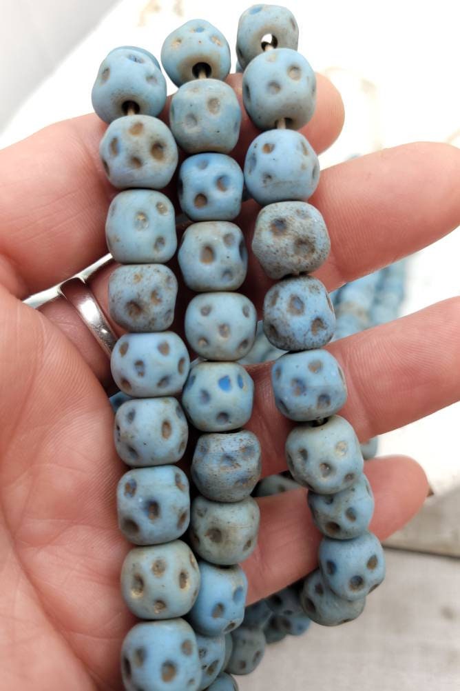 Blue Glass Beads With Rustic Accent 15 Beads 10-11 × 10-11mm / Lampwork Beads / Indonesian / Thailand / Jewelry Making Supplies, Craft.