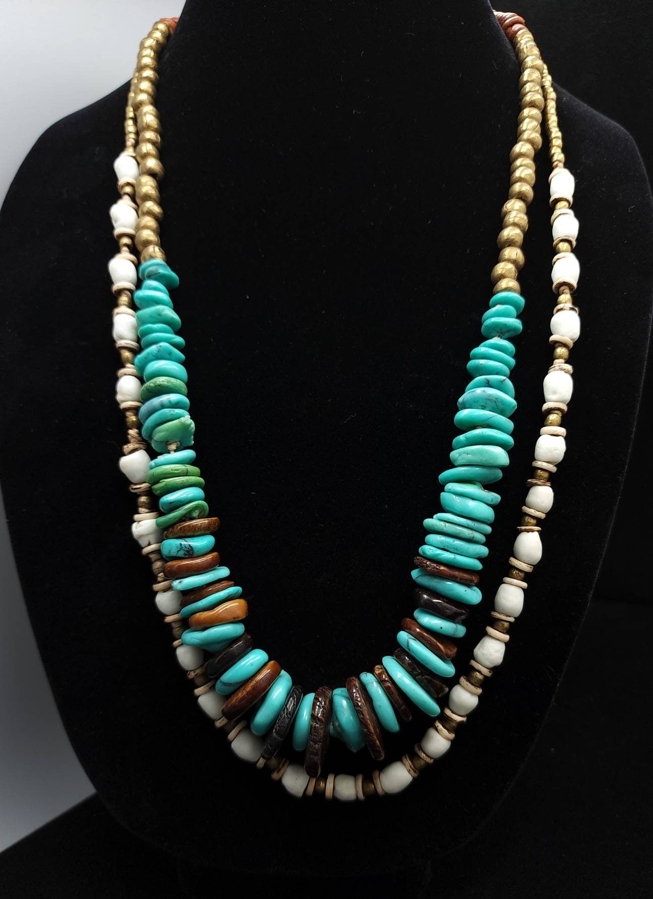 Beautiful Double Necklace With Synthetic Turquoises, African Brass Beads, Corded Genuine Leather / Necklace Length 14.5" With Option +.