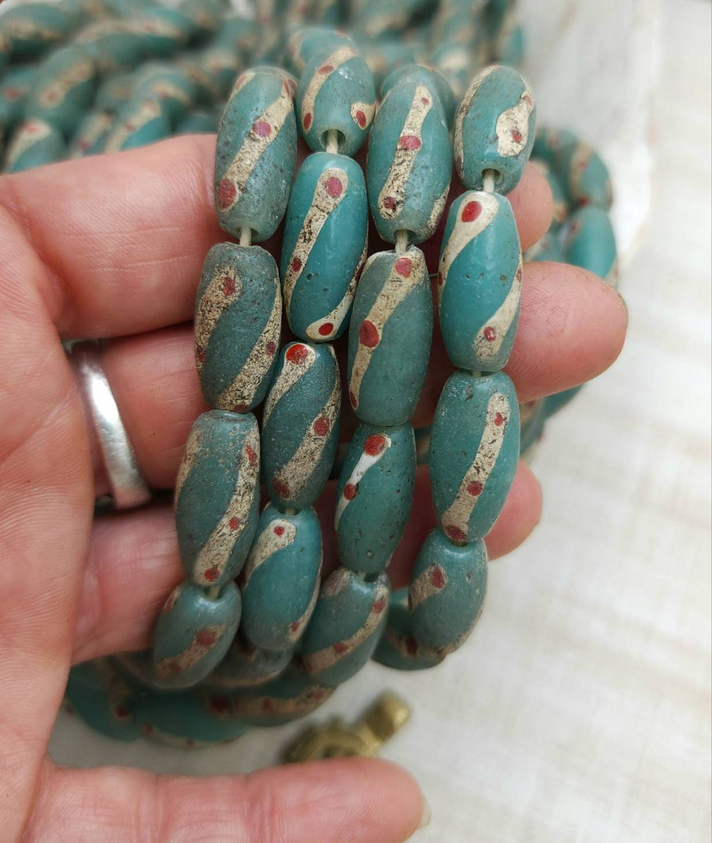 Teal Turquoise Old Accent Glass Beads Made By Thai Artisan Hands /Java / 10 Beads 18-20mm x 10mm /Jewelry Supplies / Vintage / Venetian