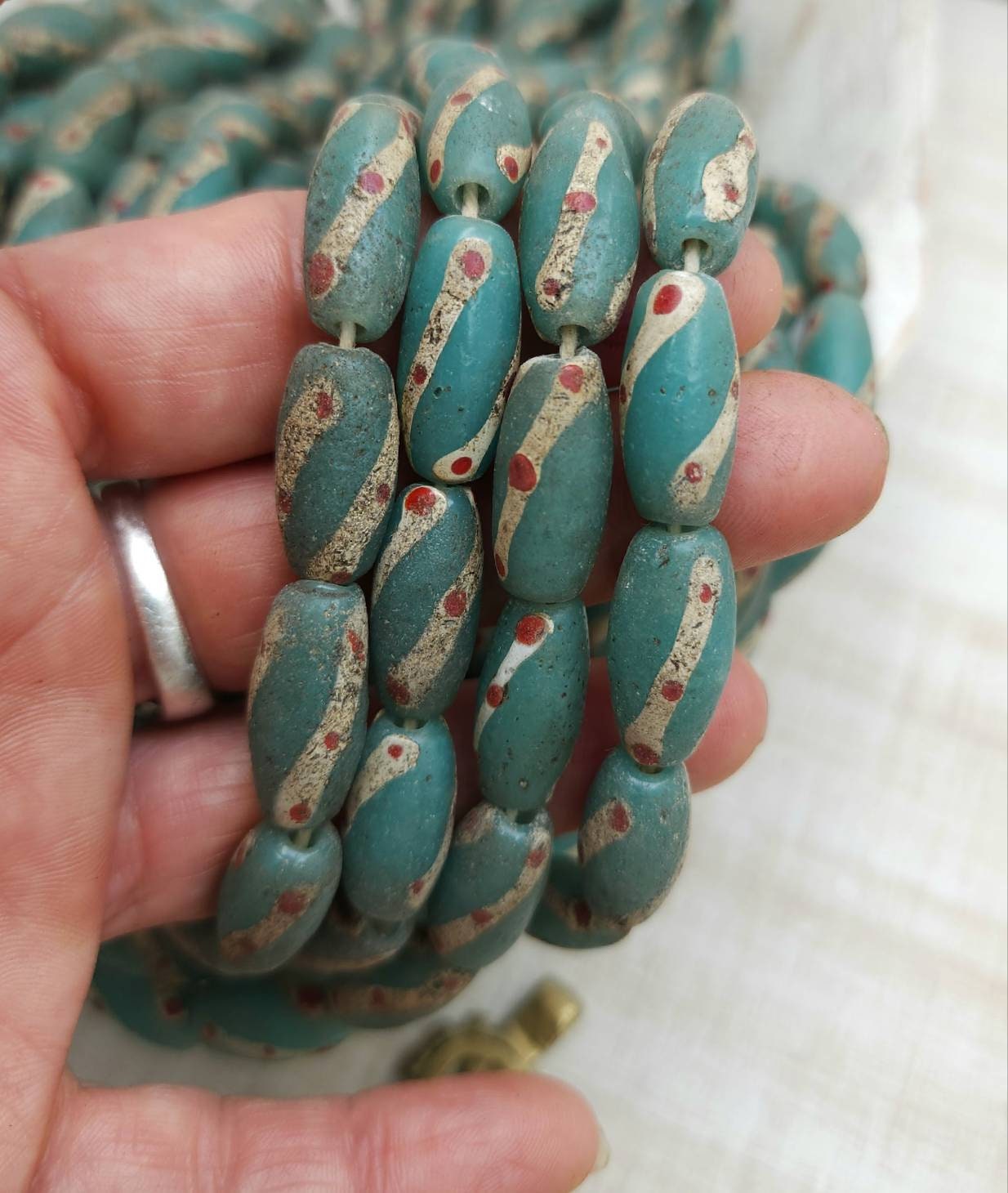 Teal Turquoise Old Accent Glass Beads Made By Thai Artisan Hands /Java / 10 Beads 18-20mm x 10mm /Jewelry Supplies / Vintage / Venetian