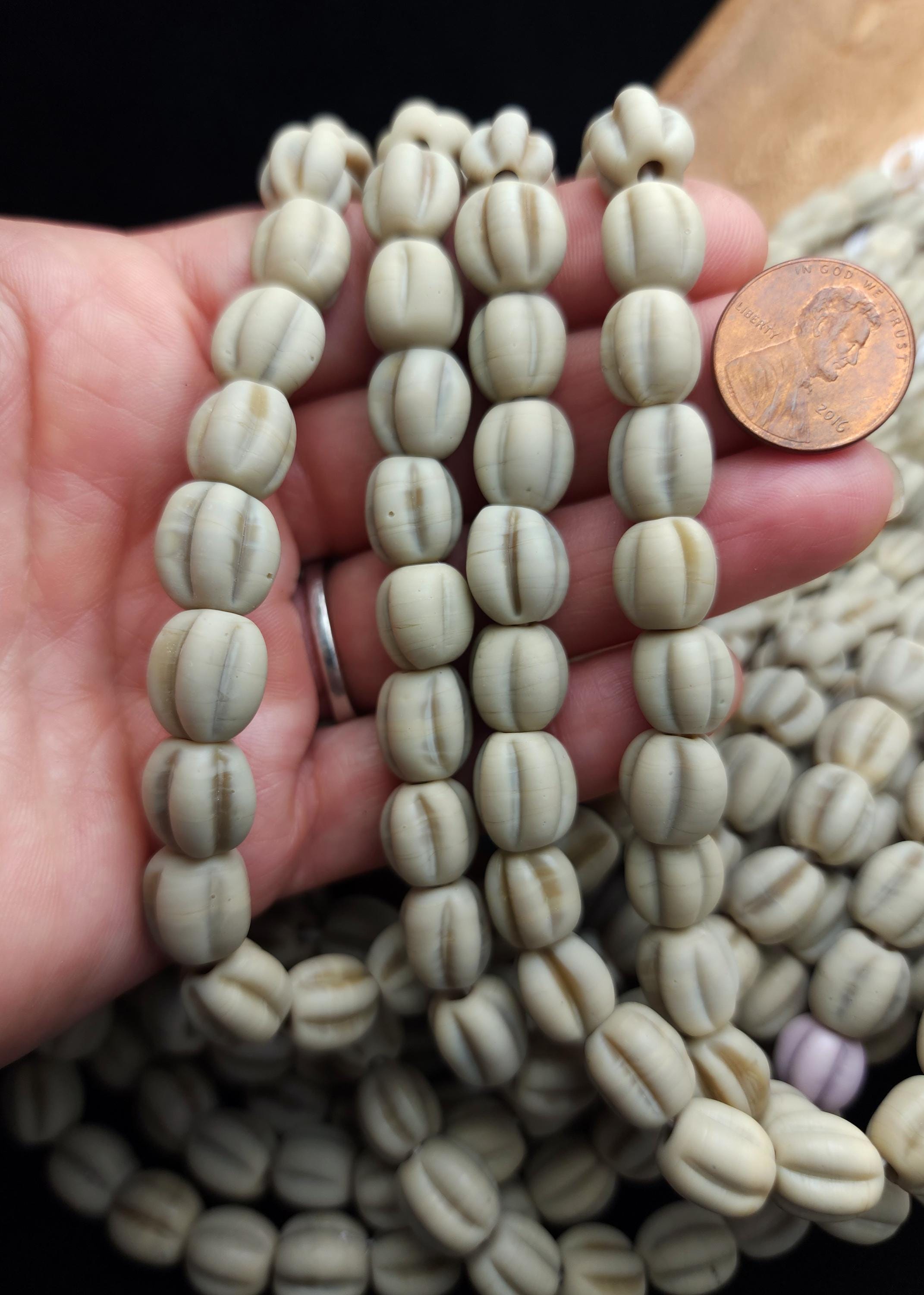 Strand of 12 Melon Glass Beads 10-11mm, Opaque Beige Beads Handmade in Java, Indonesia, Pumpkin Ethnic Artisan Beads, Jewelry Supplies