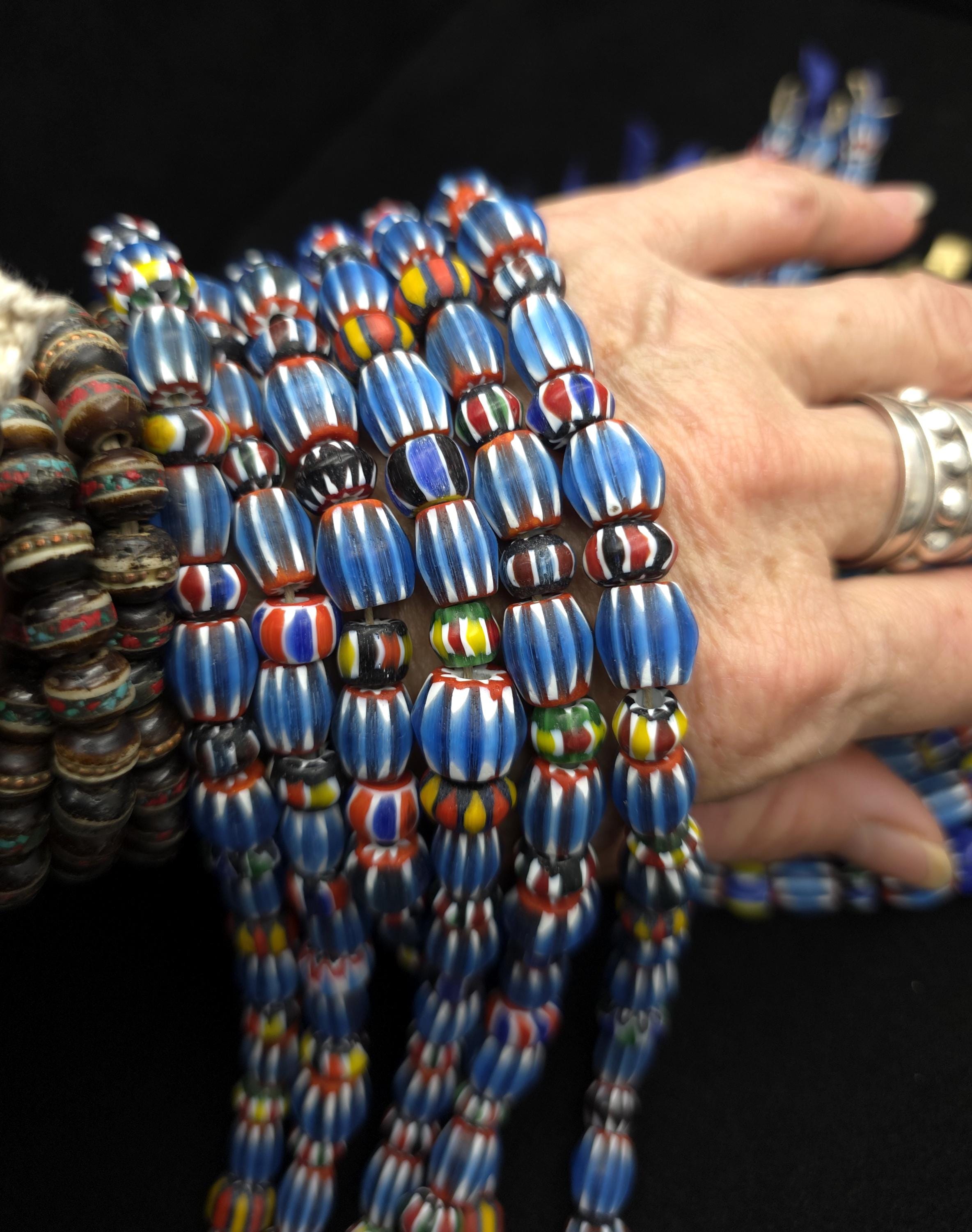 Chevron Glass Beads Multi-layer, Large Bead Mix Sizes & Colors 6-12 mm height x 8-11 mm [30-32 Beads] Per Strand /  Jewelry Making Supplies.