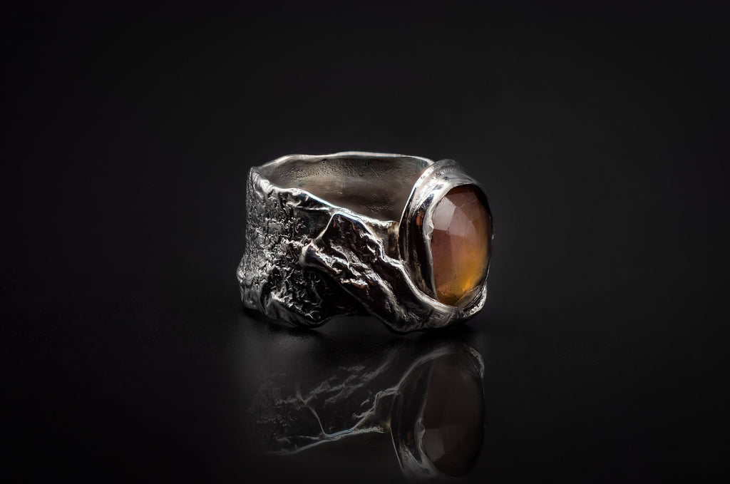 925 Reticulated Silver, And Rose Cut Sapphire Ring