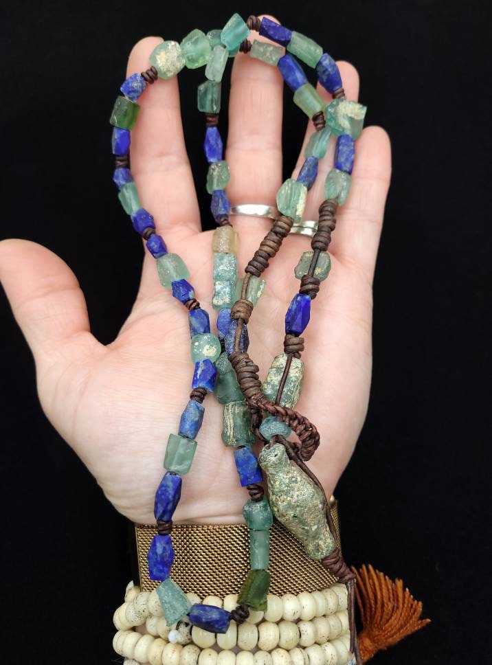 Beautiful Necklace With Lapis Lazuli High Quality Leather And Authentic Ancient Rome Glass / Very Old Roman Glass / For Men & Women / Long N