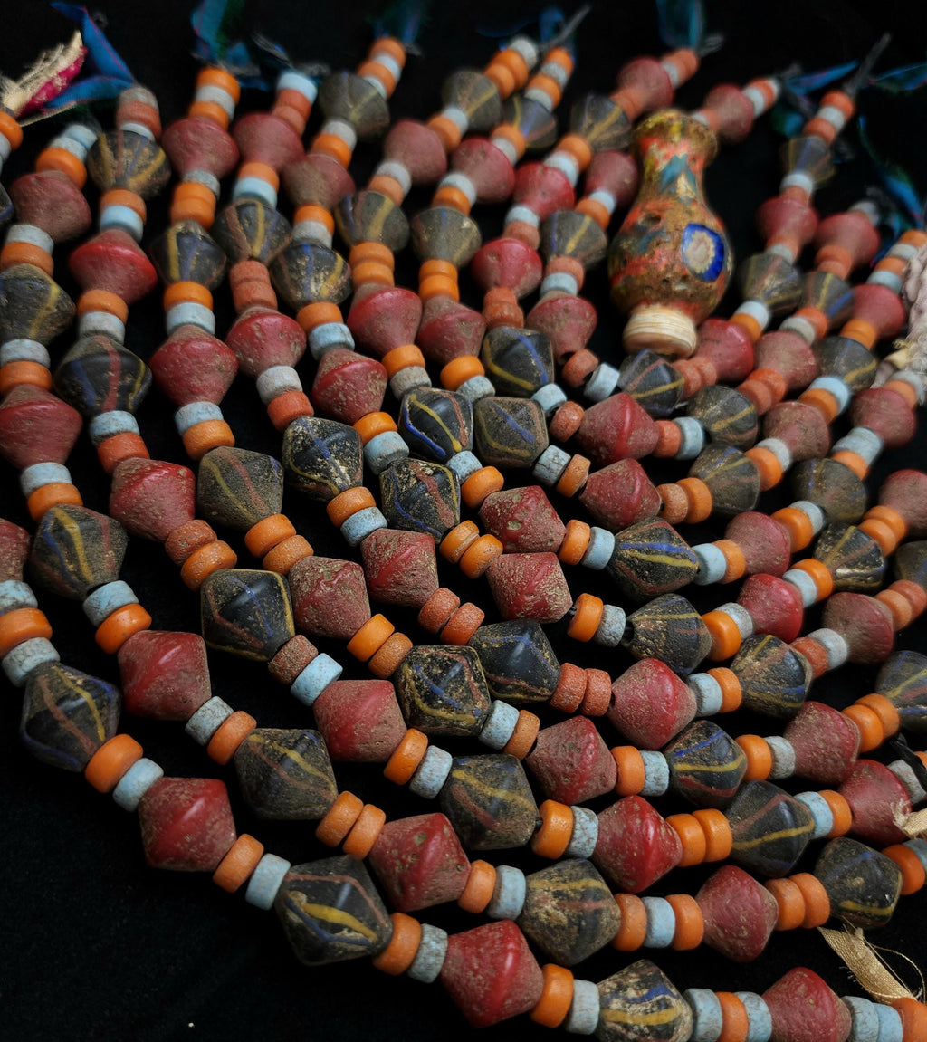 Bicone Rustic Glass Beads From Java, Strand 10" 14-15mm, Large Hole, Vintage, Tribal, Ethnic, Jewelry Making Supplies