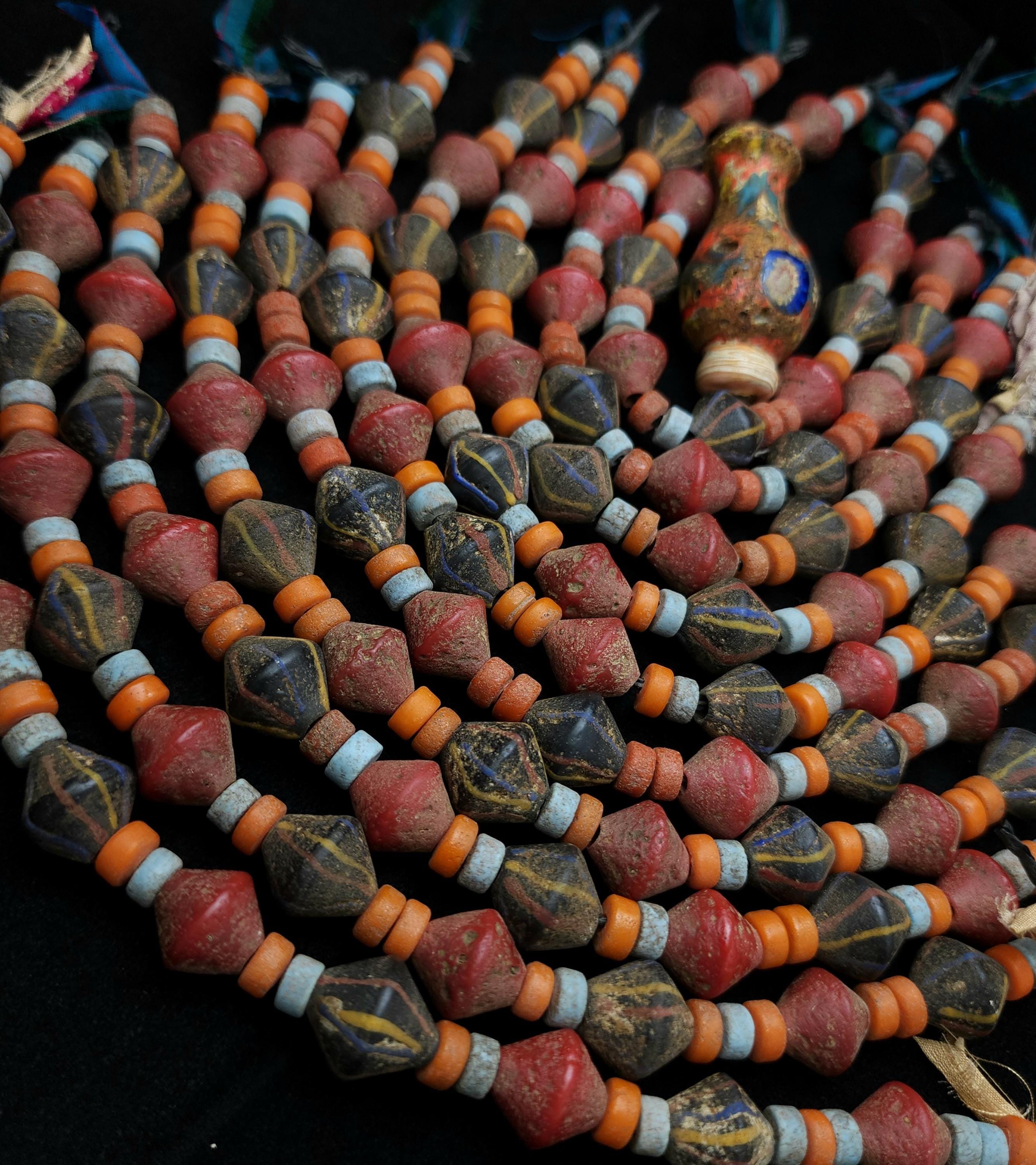 Bicone Rustic Glass Beads From Java, Strand 10" 14-15mm, Large Hole, Vintage, Tribal, Ethnic, Jewelry Making Supplies