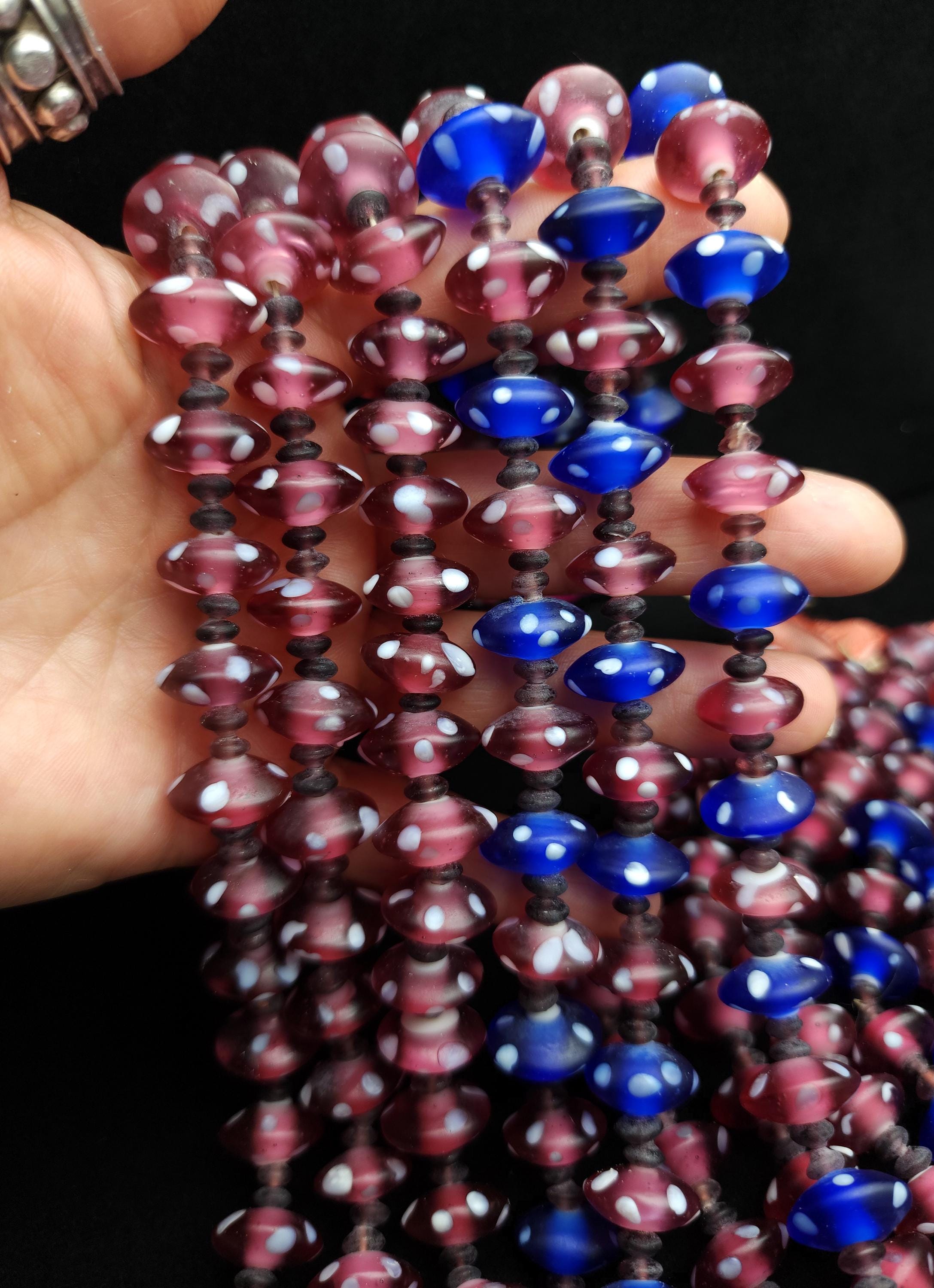 Lampwork Glass Bead Strand 10" 14-16mm, Rose & Cobalt Blue with White Dots, Handmade Vintage Mushroom Style, Jewelry Making Supplies.