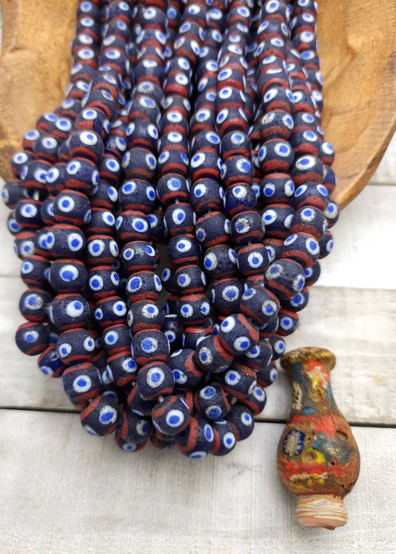 Evil Eye Opaque Glass Beads From Indonesia,  Option To Choose Full Strand 17" 44-48 Beads or Half Strand 9-10mm x 8-10mm, Jewelry Supplies