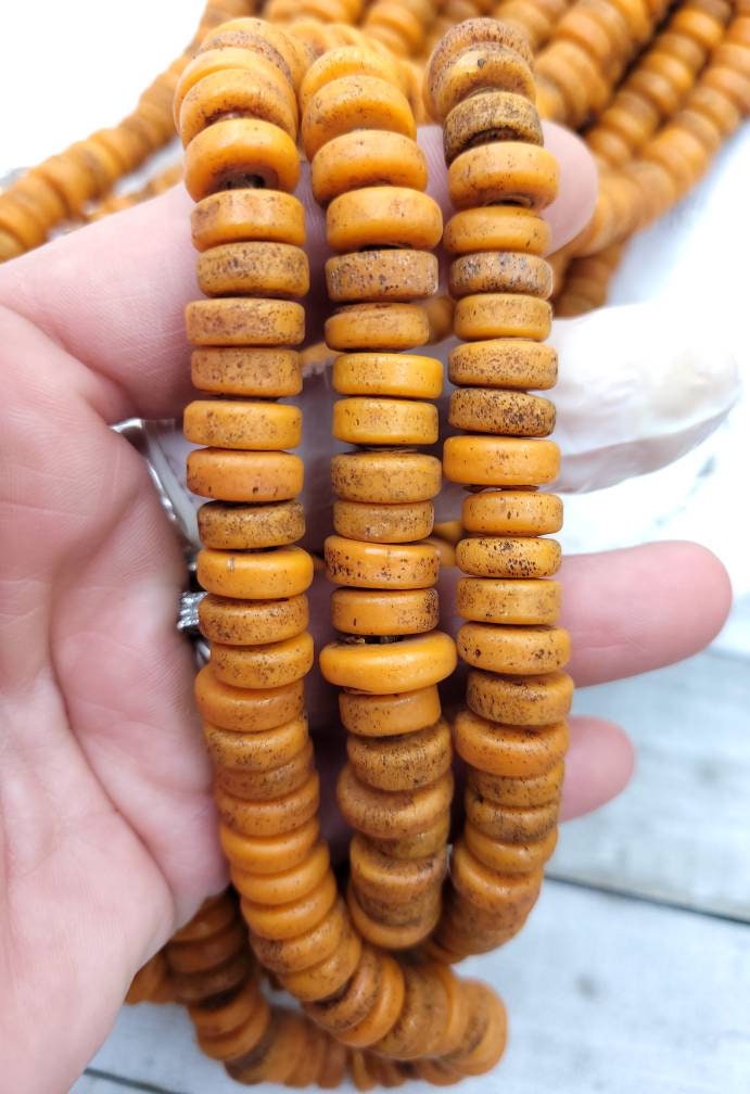 Light orange Beads With Strong Old Rustic Accent Beads Raw Texture / 11-12mm 10"Long Strand /Indonesia Java, Boho, Tribal / Jewelry Supplies