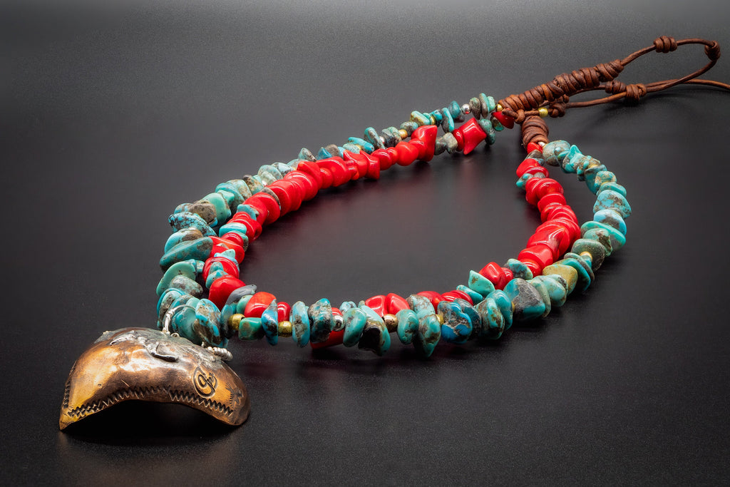 Native American Navajo Necklace /Authentic Turquoise, Natural Red Coral Bamboo,  925 Silver, Golden Brass, Heart Forged by hand of copper.