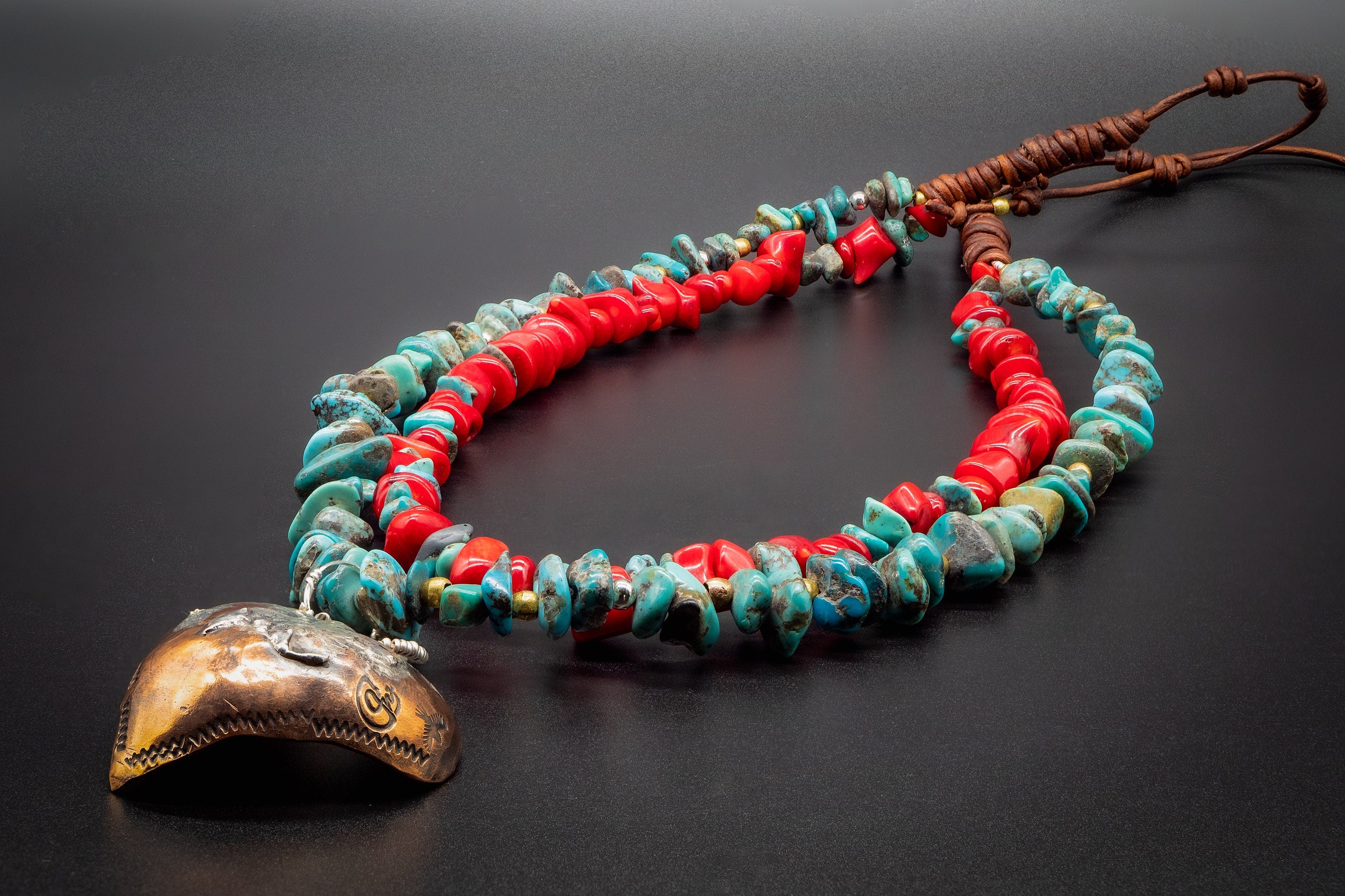 Native American Navajo Necklace /Authentic Turquoise, Natural Red Coral Bamboo,  925 Silver, Golden Brass, Heart Forged by hand of copper.