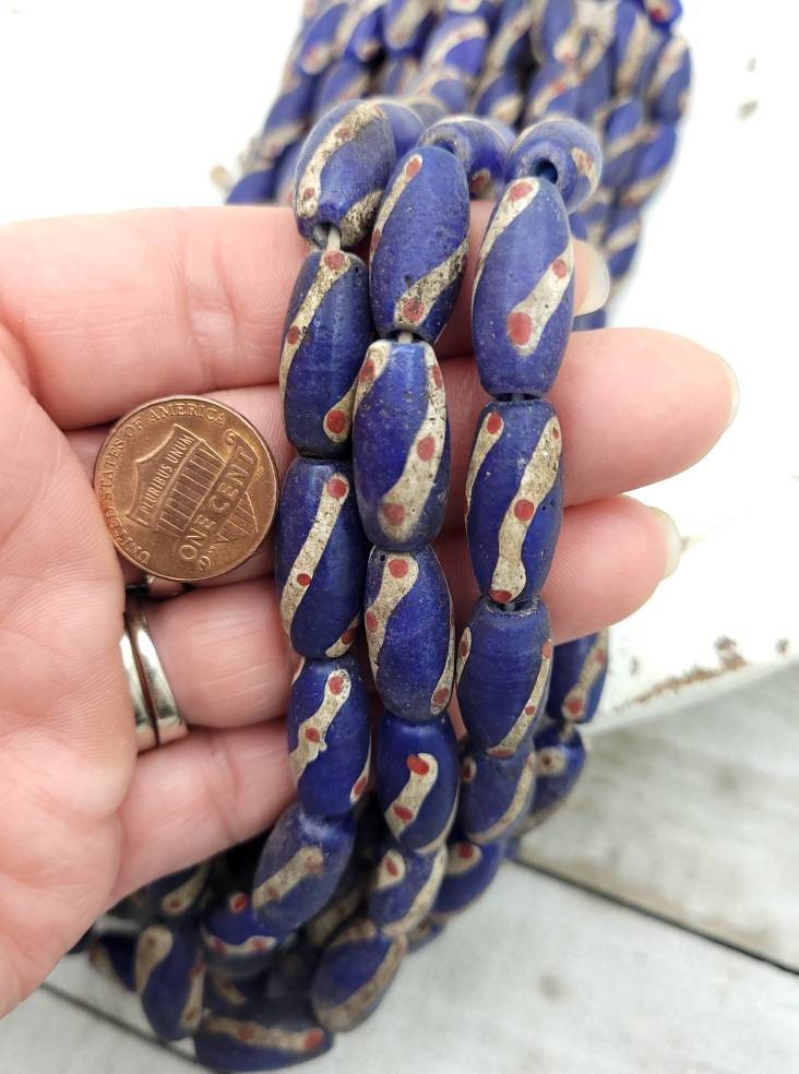 Old Accent Glass Beads Made By Thai Artisan Hands/ Indonesian Beads /Java / 10 Beads 18-20mm x 10mm / Jewelry Supplies / Vintage / Venetian