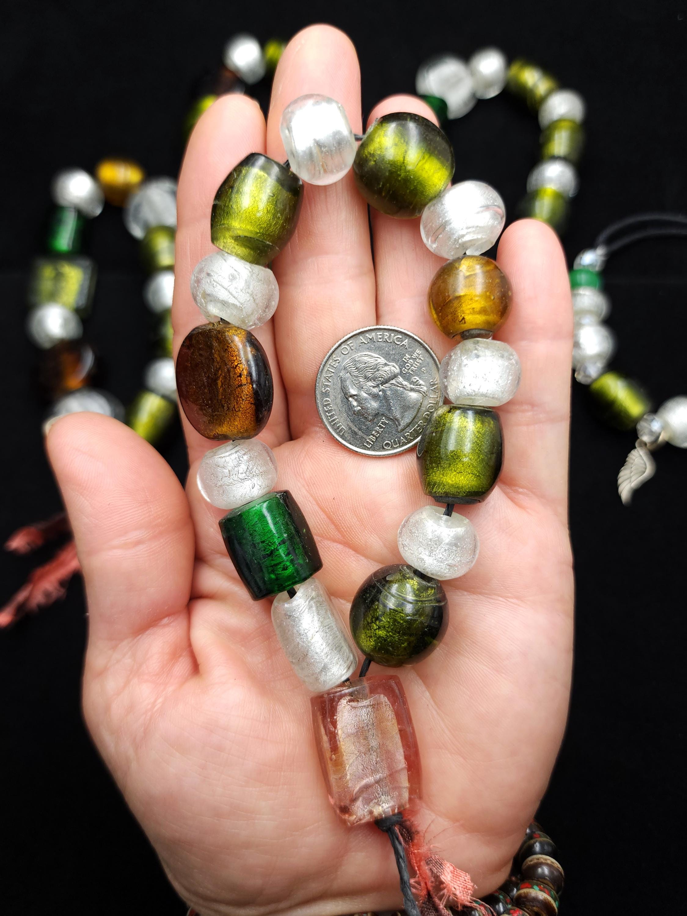 Lampwork Silver Foil Glass Beads – Handmade Murano Style Bead Strand 9" 14-24mm, Green, Amber, Pink, Clear | Boho Ethnic Jewelry Making.