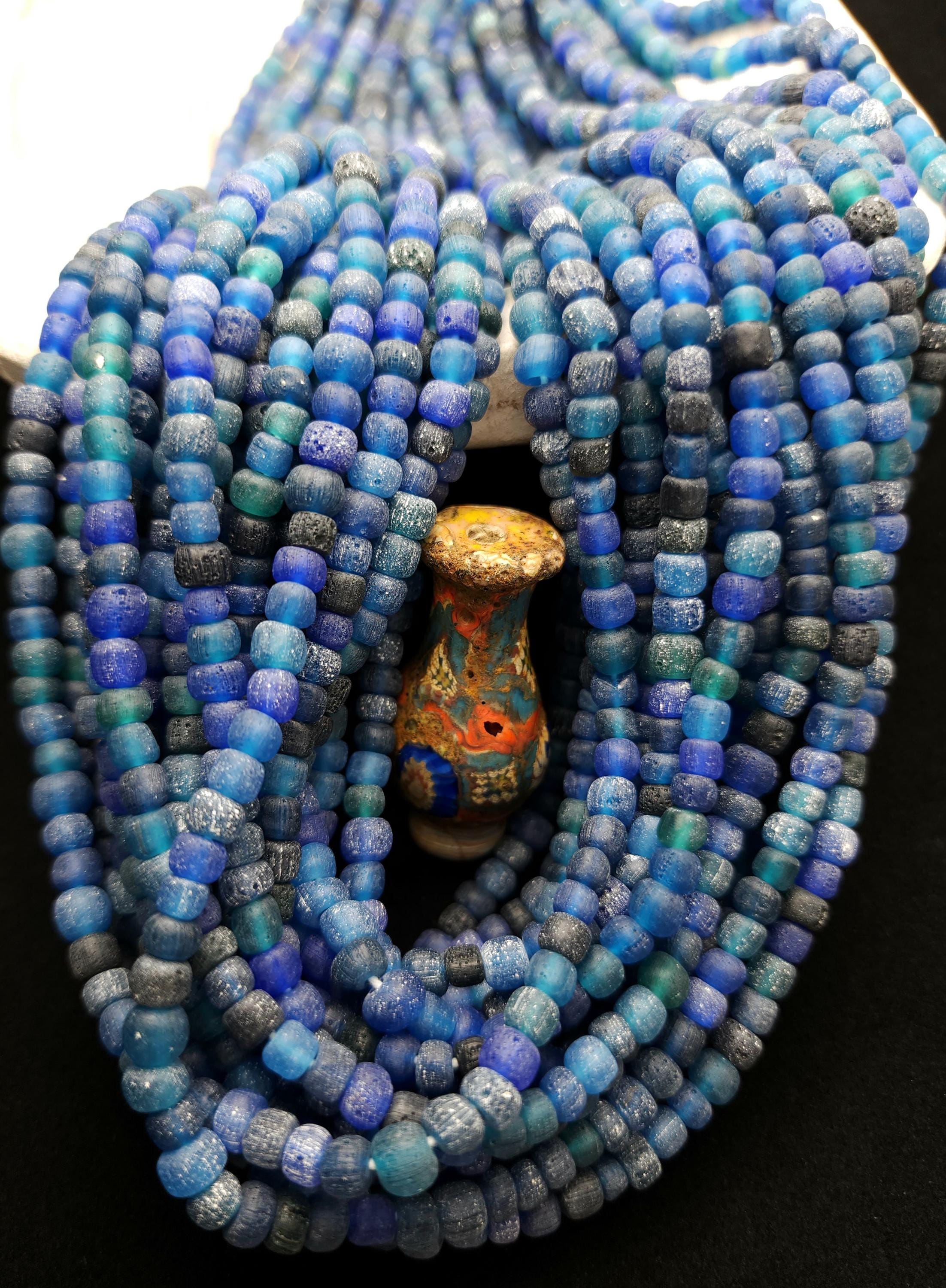 Ethnic Rustic Glass Beads from Indonesia 5-7×4-6mm Strand 23-24" [132-138 Beads], Blue, Black & Green Handmade Beads, Craft Jewelry DIY.