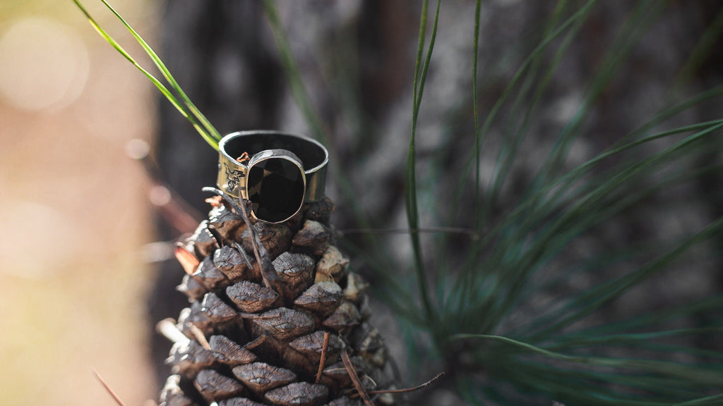 Authentic 925 Silver, Engraved, With Black Onyx Rose Cut Stone Ring