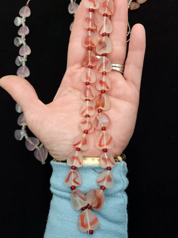 Beautiful Glass Heart Shaped Beads From Afghanistan / Option To Choose Red Pink Or Orange / Strand 15-16" 13-16mm/ Jewelry Supplies.