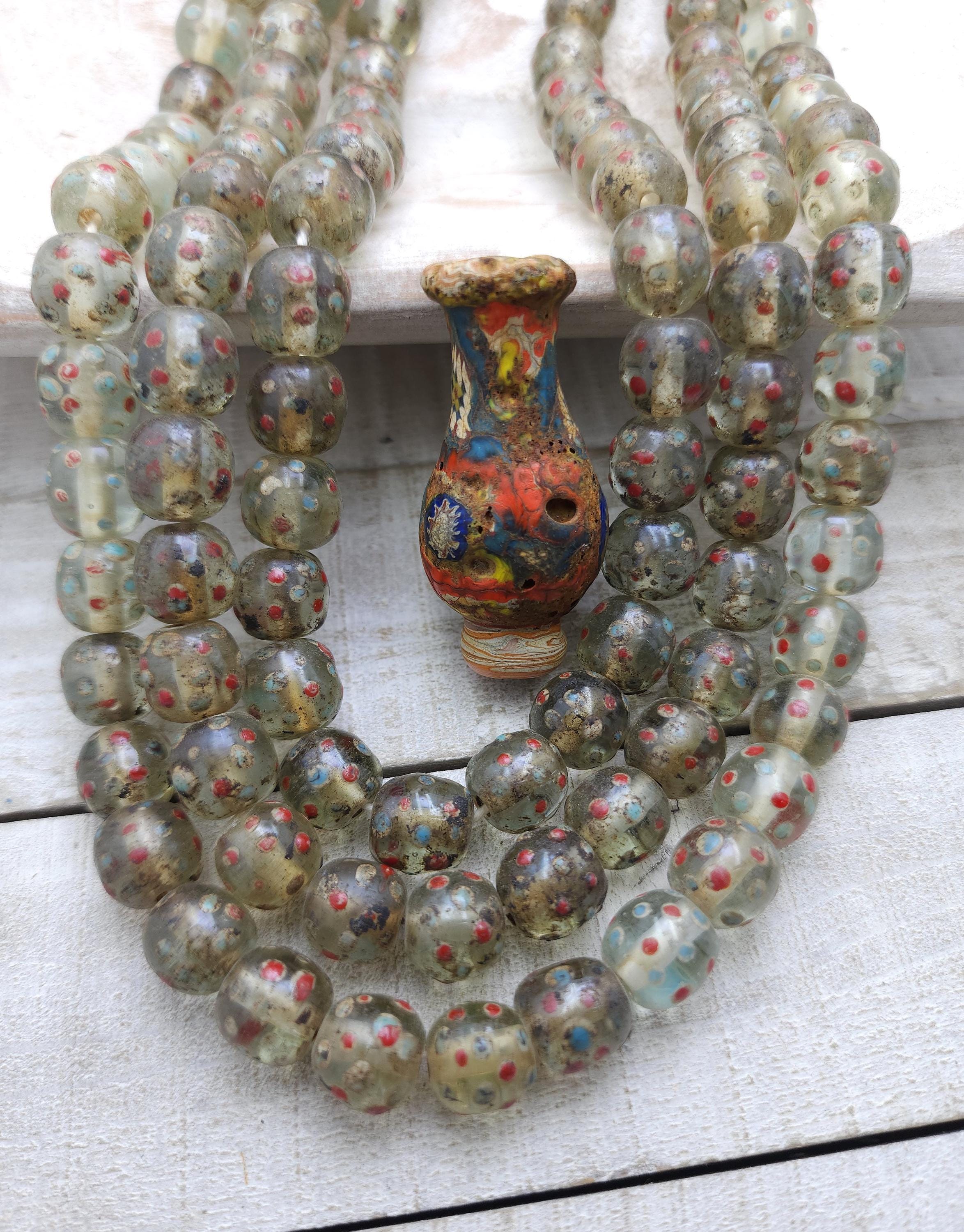 Old Eye Translucent Glass Beads, Strand 10 Beads 11-13mm, Big Hole Beads, Vintage, Indonesian, Venetian, Jewelry Making Supplies, Craft.