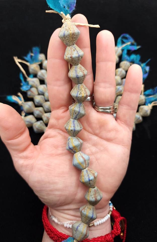 Venetians Style Beaded Bicone Antique Accent Strand 12 Beads 15× 15-16mm, Indonesia, Tribal, Ethnic, Lampwork beads, Jewelry Supplies.