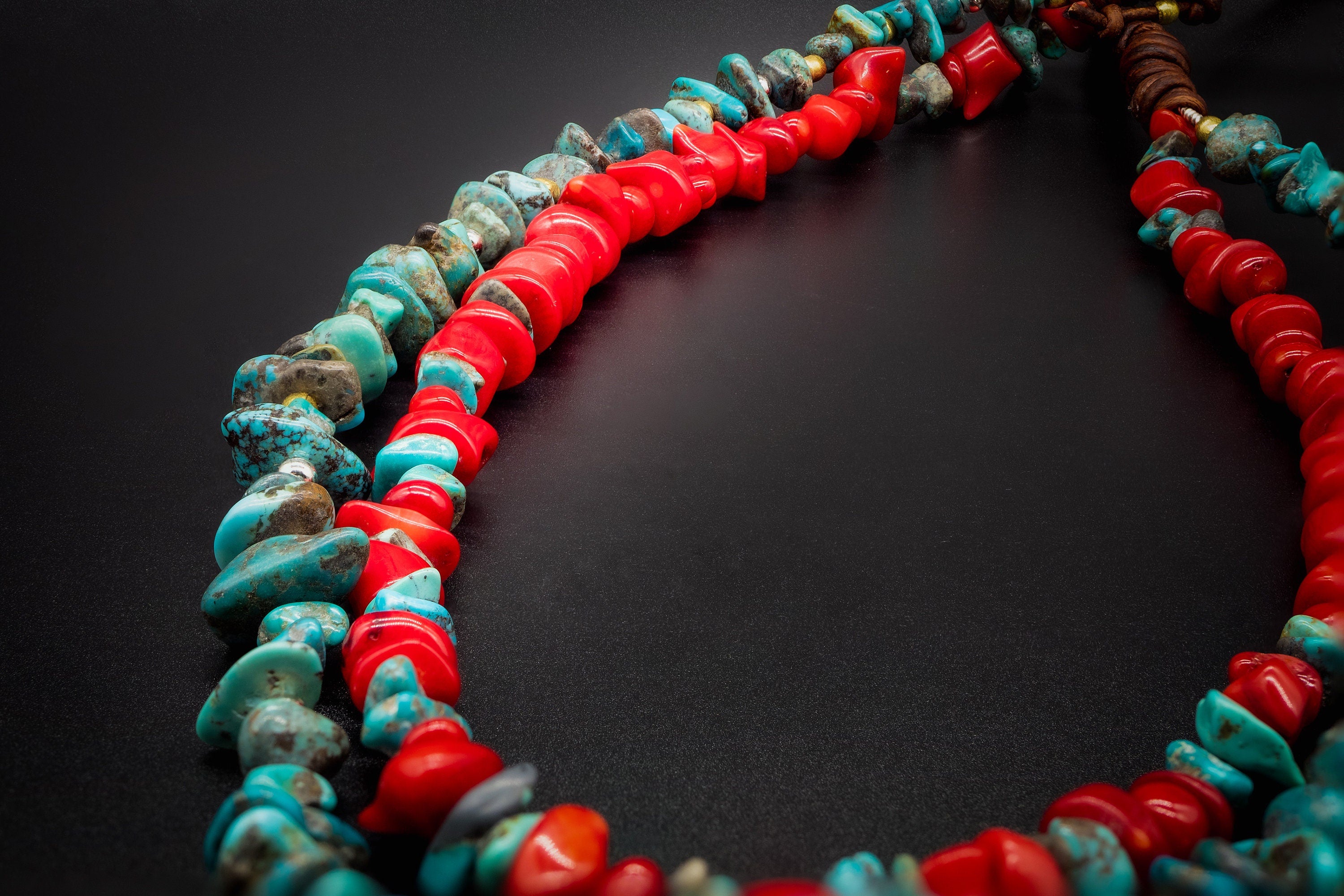 Native American Navajo Necklace /Authentic Turquoise, Natural Red Coral Bamboo,  925 Silver, Golden Brass, Heart Forged by hand of copper.