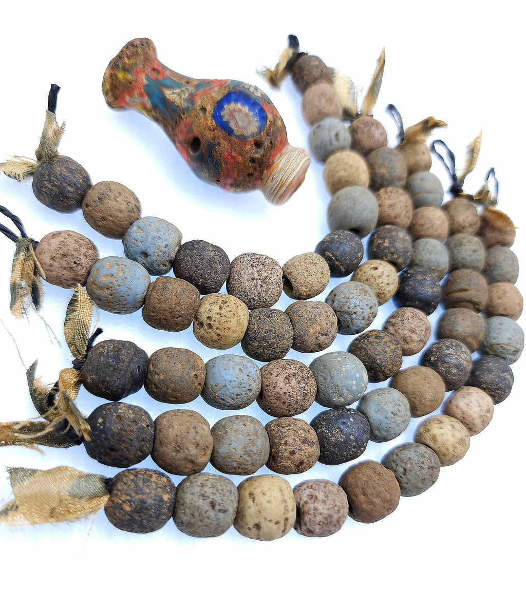Old Indonesian Glass Beads Strand 12 Earthy Blue Yellow Black Beads 11-13mm / Vintage / Rustic / Tribal / Boho / Hippie / Jewelry Supplies
