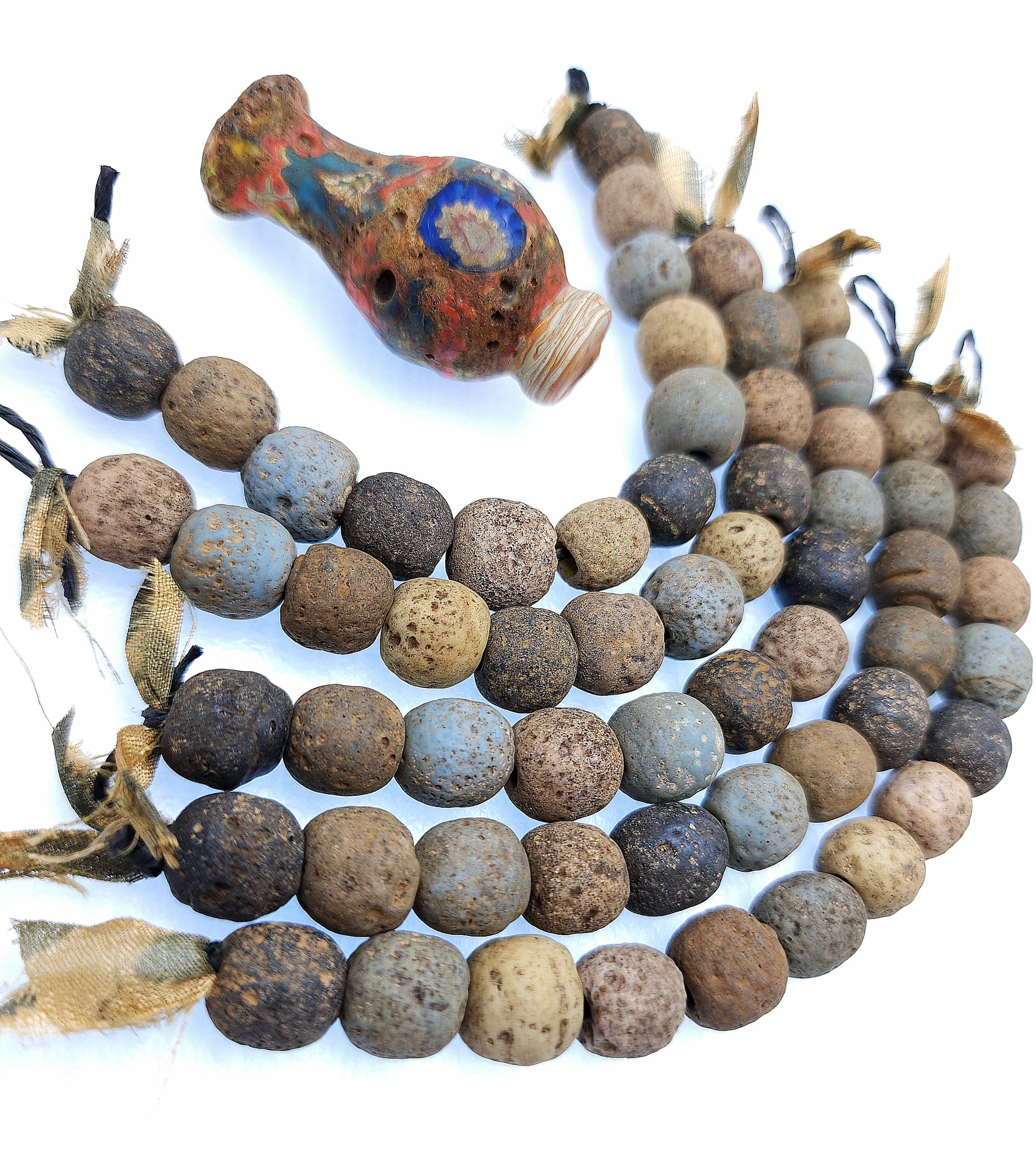 Old Indonesian Glass Beads Strand 12 Earthy Blue Yellow Black Beads 11-13mm / Vintage / Rustic / Tribal / Boho / Hippie / Jewelry Supplies