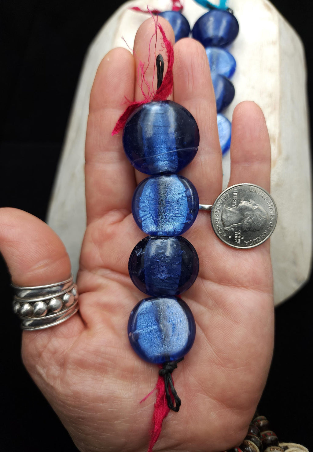 Murano Lampwork Silver Foil Beads 23-26mm Strand With 4 Blue Glass Beads, Puffy & Flat Coin Beads, Jewelry Making Supplies.