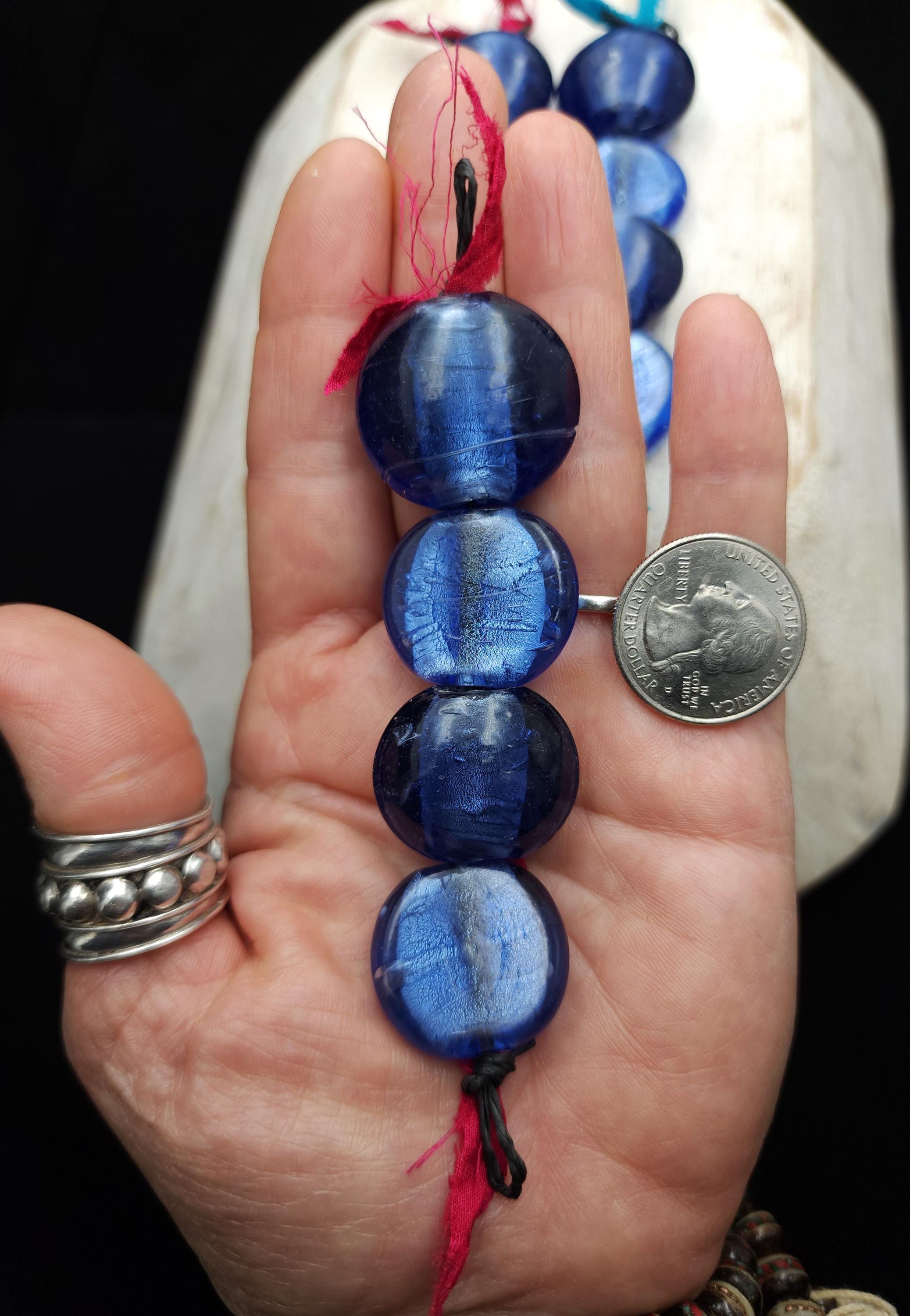 Murano Lampwork Silver Foil Beads 23-26mm Strand With 4 Blue Glass Beads, Puffy & Flat Coin Beads, Jewelry Making Supplies.
