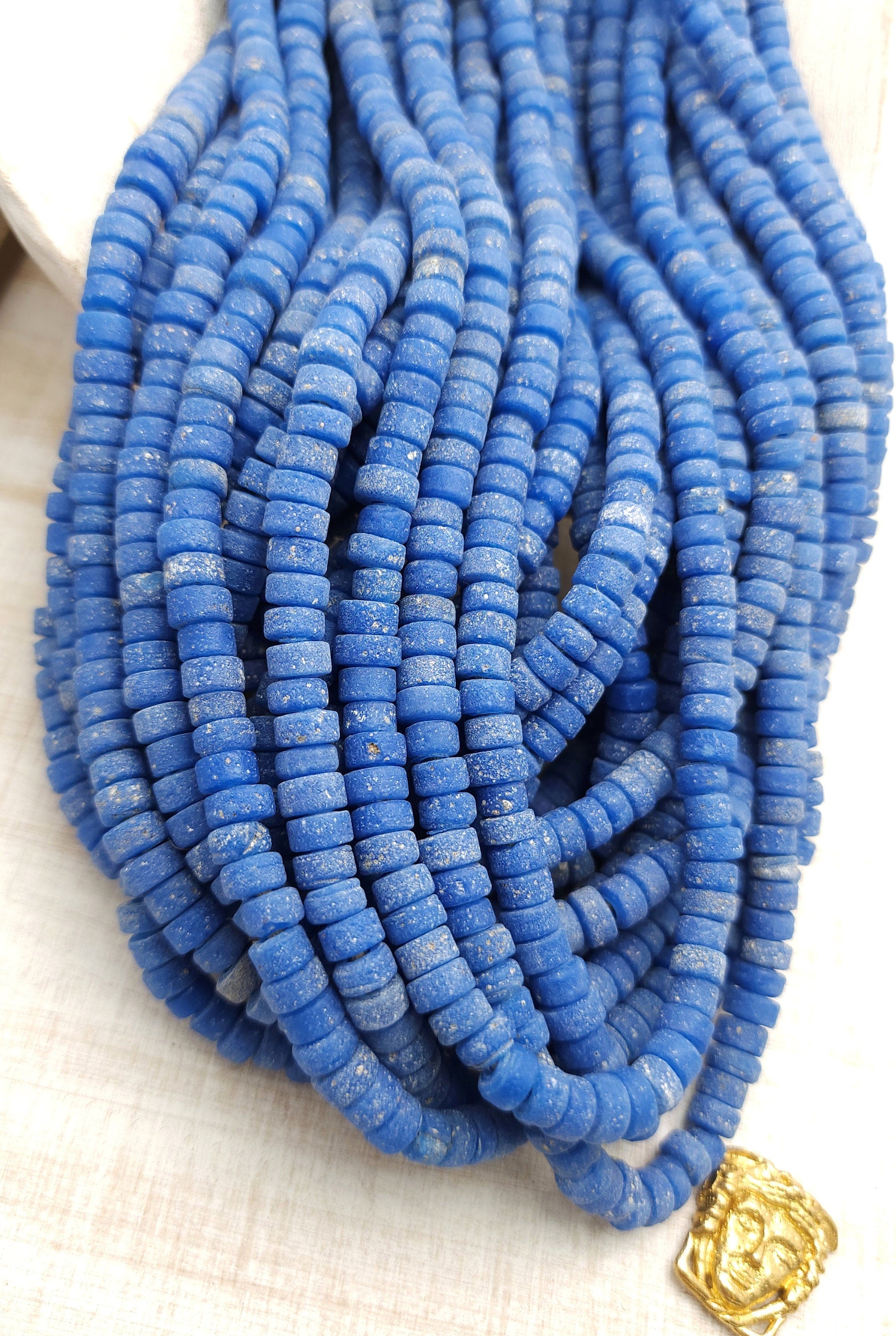 Blue Glass Beads With Strong Old Rustic Accent Raw Texture, 7-8mm Strand 10", Heishi, Indonesian, Java, Jewelry Making Supplies.