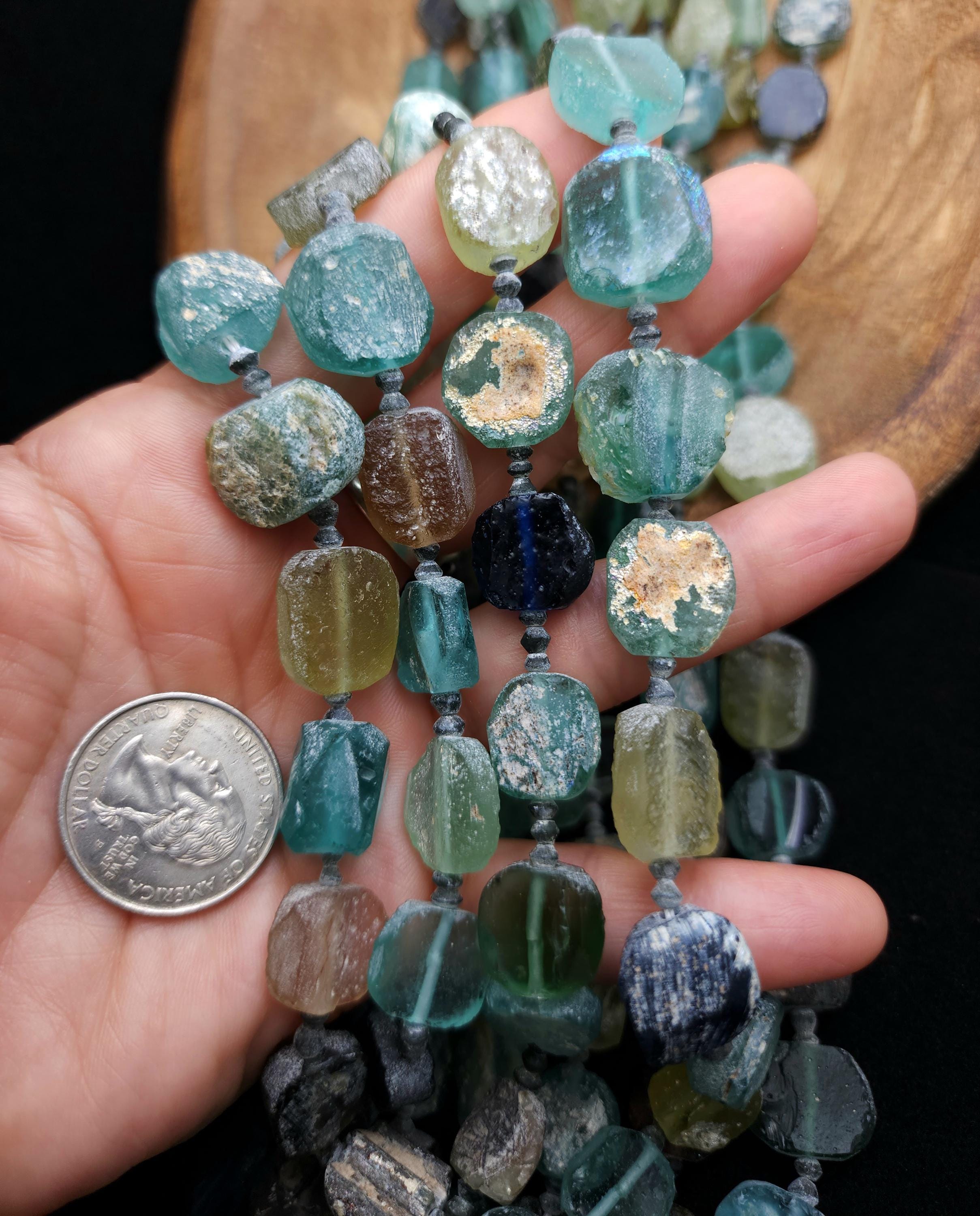 Unique Roman Glass Strand 15" Inches Long 10-18mm, Very Old Glass From Ancient Rome From Afghanistan, Excavated Beads, Jewelry Supplies.
