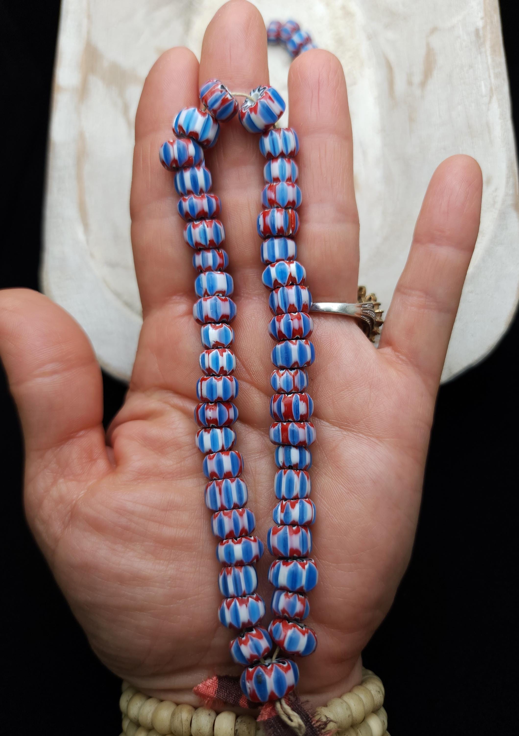 Chevron Beads 6 Layers [Blue, White, Red] Strand 10" Inches [40 Beads] 8-11mm, Jewelry Making Supplies.