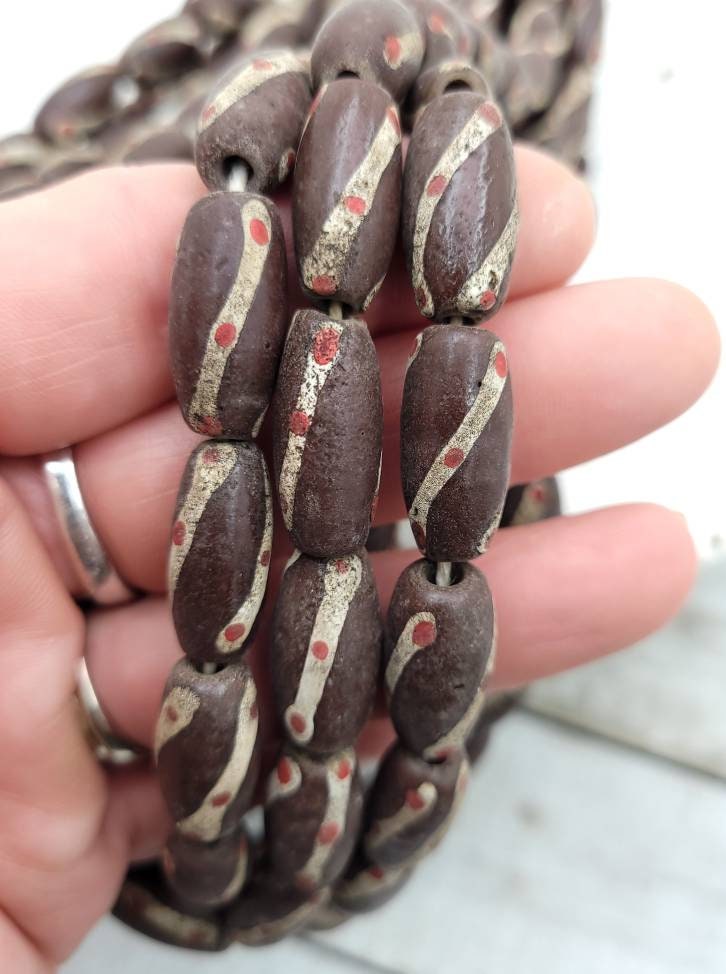 Old Accent Glass Beads Made By Thai Artisan Hands/ Indonesian Beads /Java /10 Beads 18-20mm x 10mm /Jewelry Supplies / Vintage / Venetian