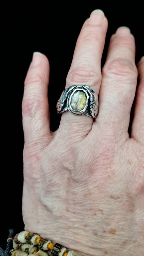 925 Reticulated Silver, And Rose Cut Sapphire Ring