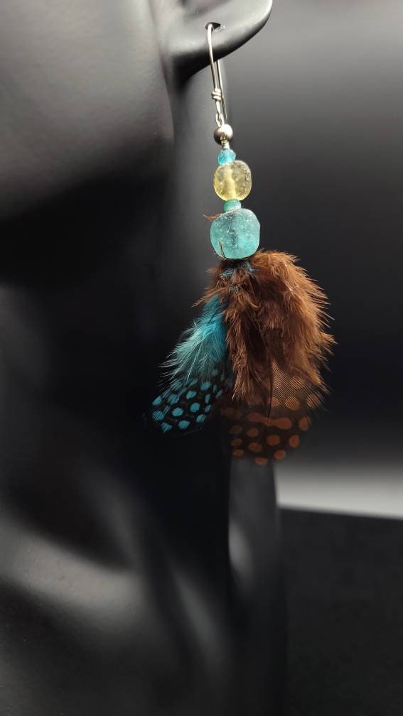 Authentic 925 Silver Earrings / Ancient Roman Glass / Natural Feather Earrings / Hippie Earrings / Ethnic Jewelry.