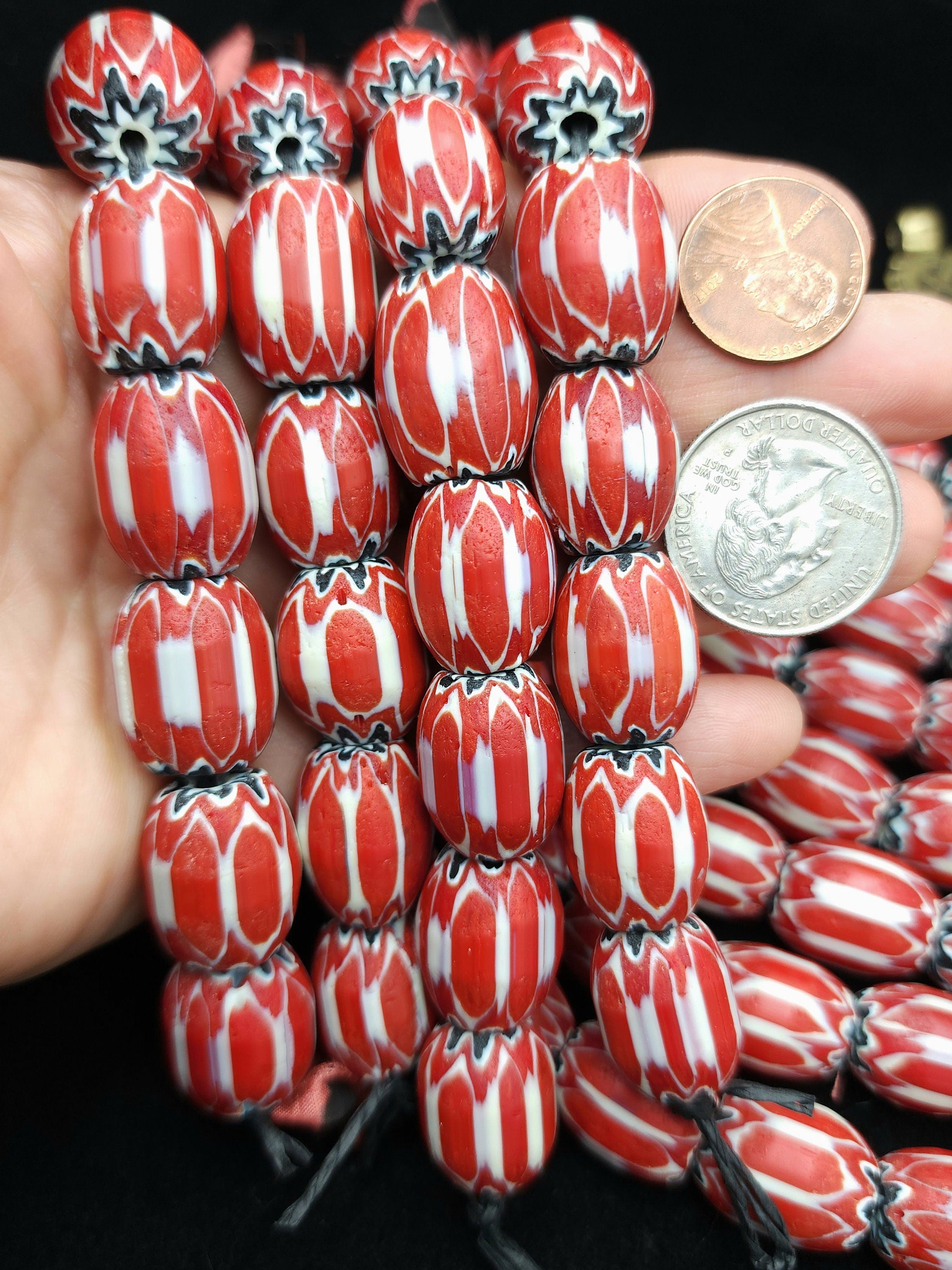 Chevron Beads 6 Layers Red And White 16-19mm, Chevron Glass Beads, Jewelry Making Supplies.