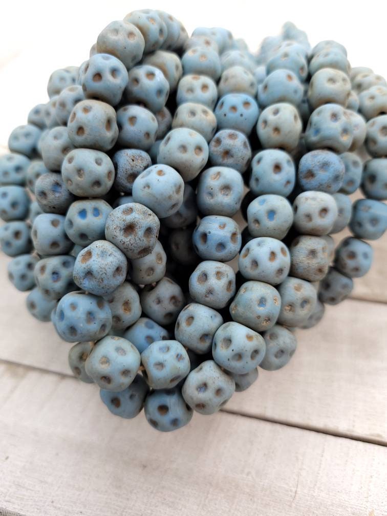 Blue Glass Beads With Rustic Accent 15 Beads 10-11 × 10-11mm / Lampwork Beads / Indonesian / Thailand / Jewelry Making Supplies, Craft.