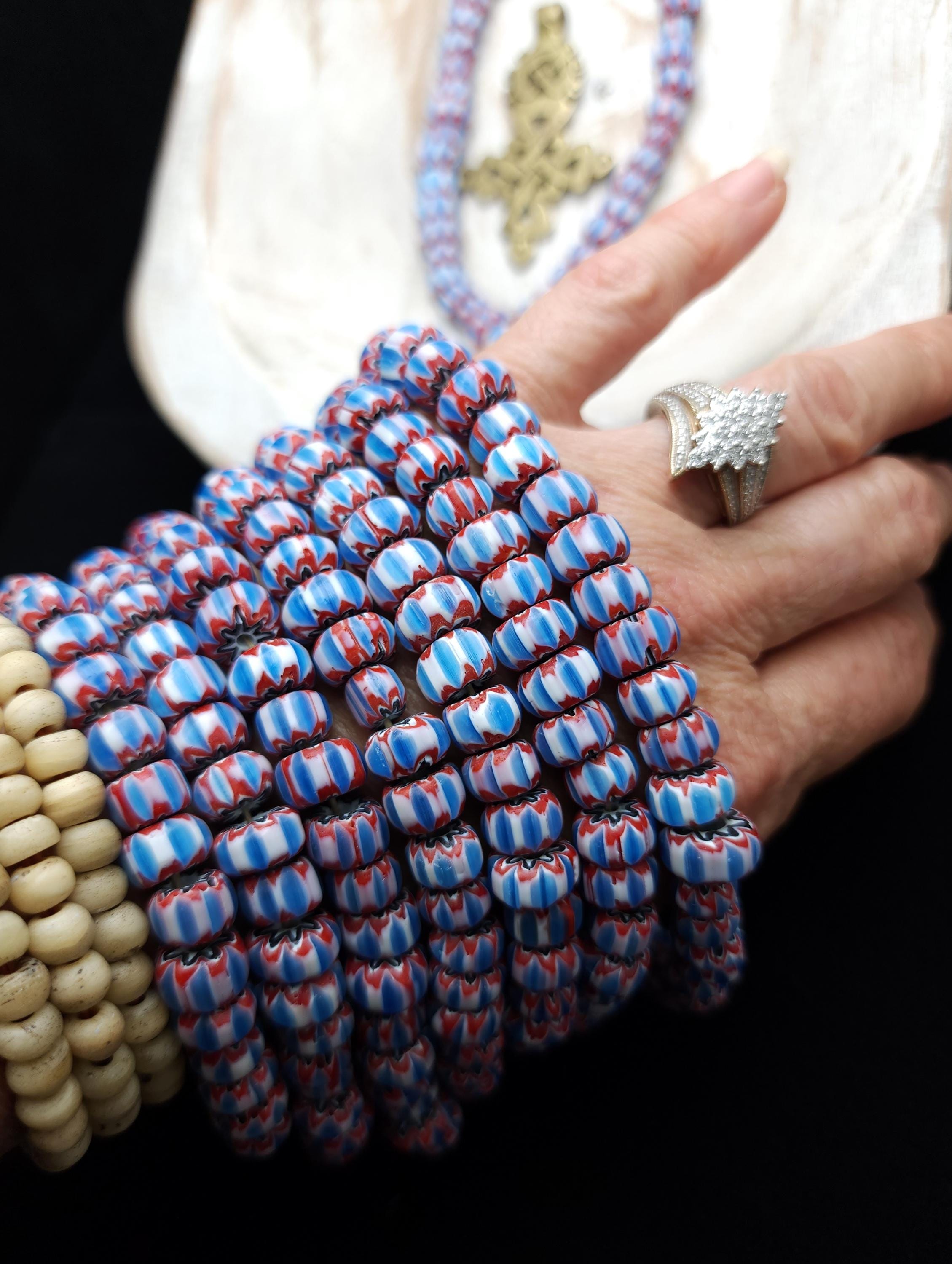 Chevron Beads 6 Layers [Blue, White, Red] Strand 10" Inches [40 Beads] 8-11mm, Jewelry Making Supplies.