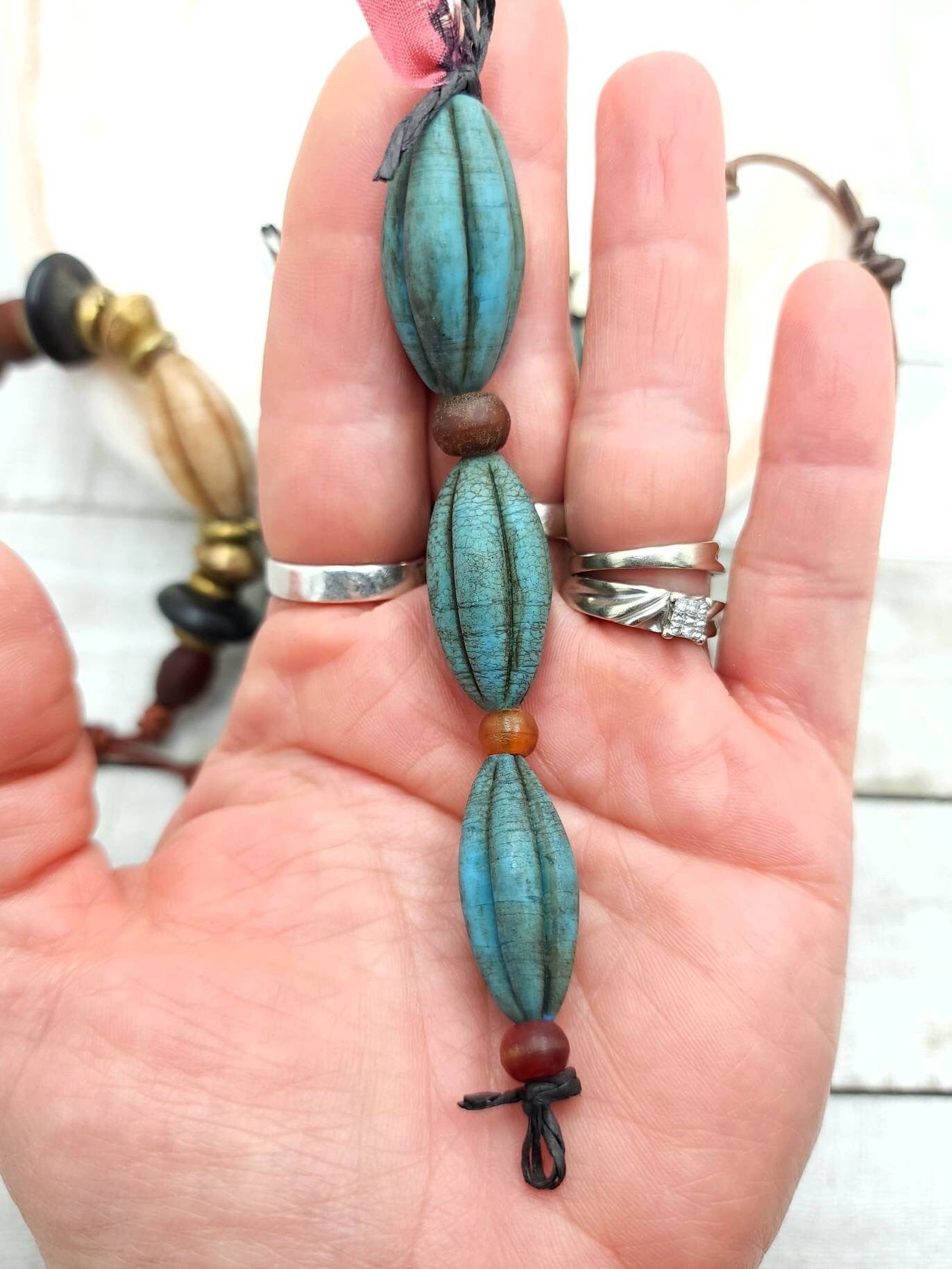 Large Oval Turquoise Blue Stained Old Rustic Glass Melons Beads  / Indonesian / 3 Beads 23-26mm  Jewelry Supplies /Java