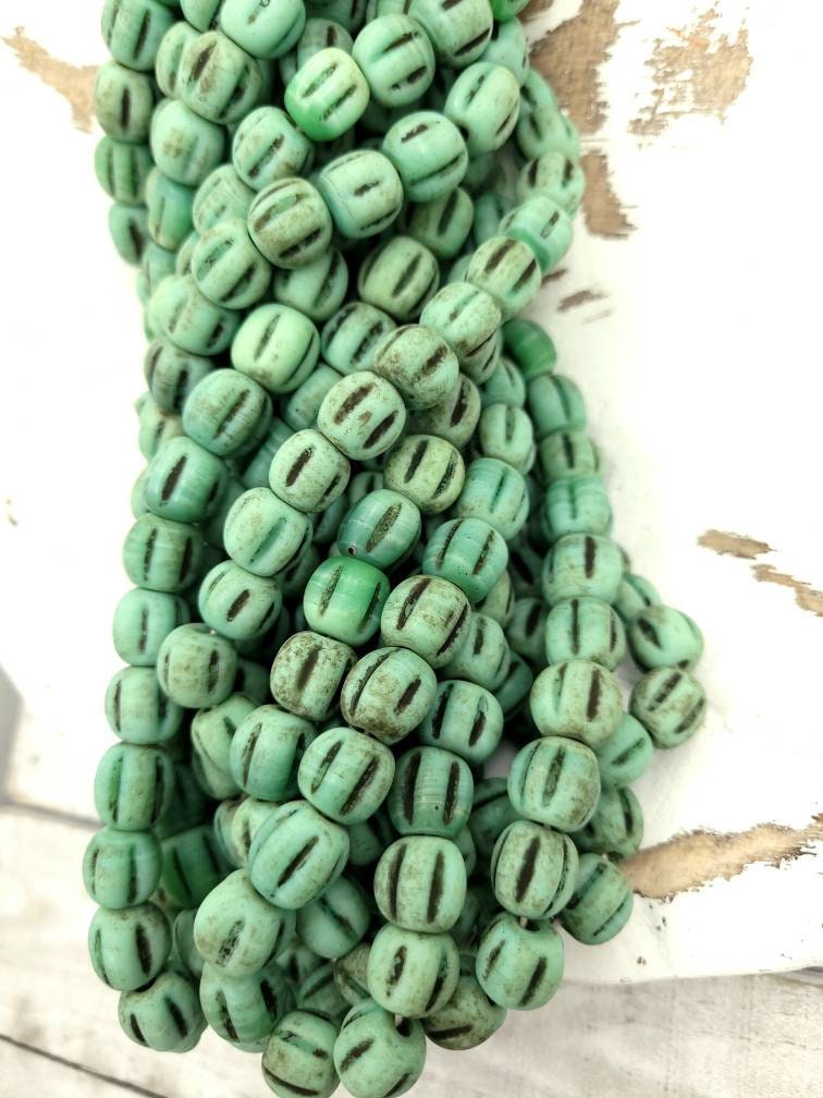 Melon Shaped Glass Beads With Accent Rustic Old Look 10-11mm Strand of 12 Beads, Jewelry Making Supplies, Pumpkins Beads.