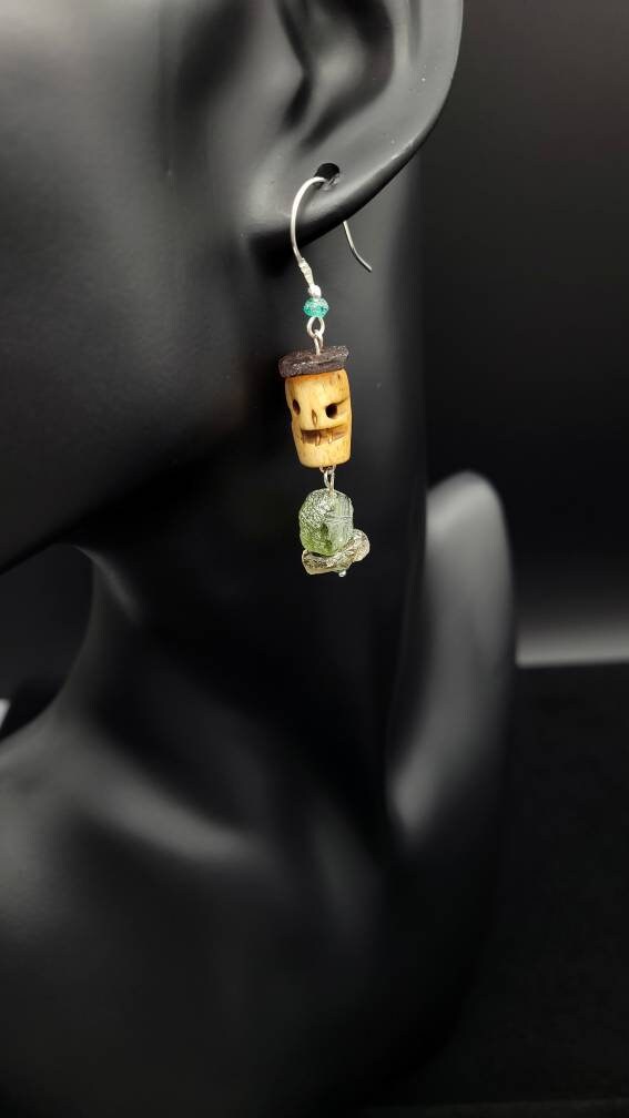 925 silver Earrings with Roman Glass From the Holy Land, Valuable Pieces and Skull de Bone, Handmade Jewelry, Gift For Her.