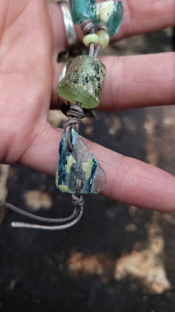 Beautiful Long Genuine Leather Necklace / Very Antique Roman Glass.