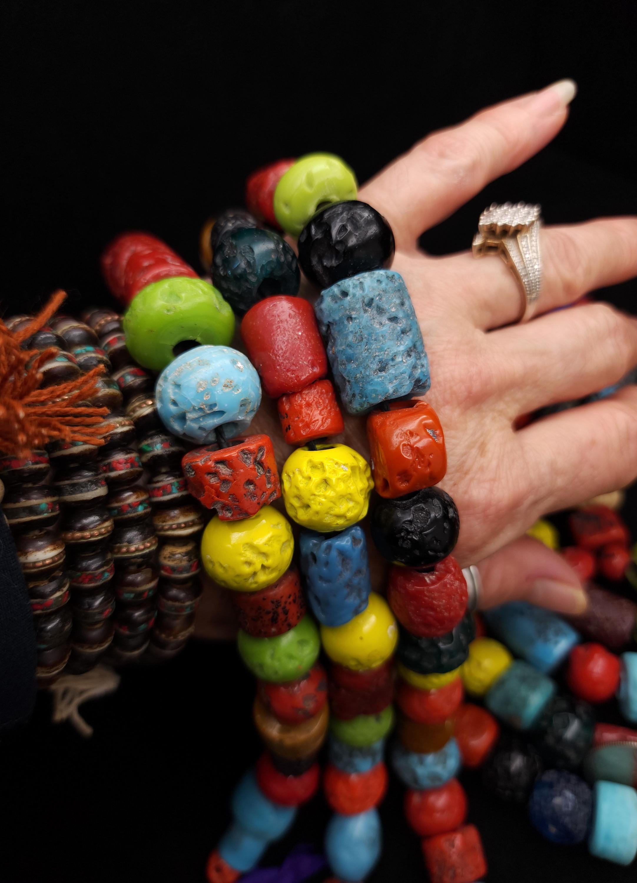 Multicolor Vintage Himalayan Glass Beads, 10" Strand, 8-40mm, Tribal Ethnic Boho Jewelry Making Supplies.