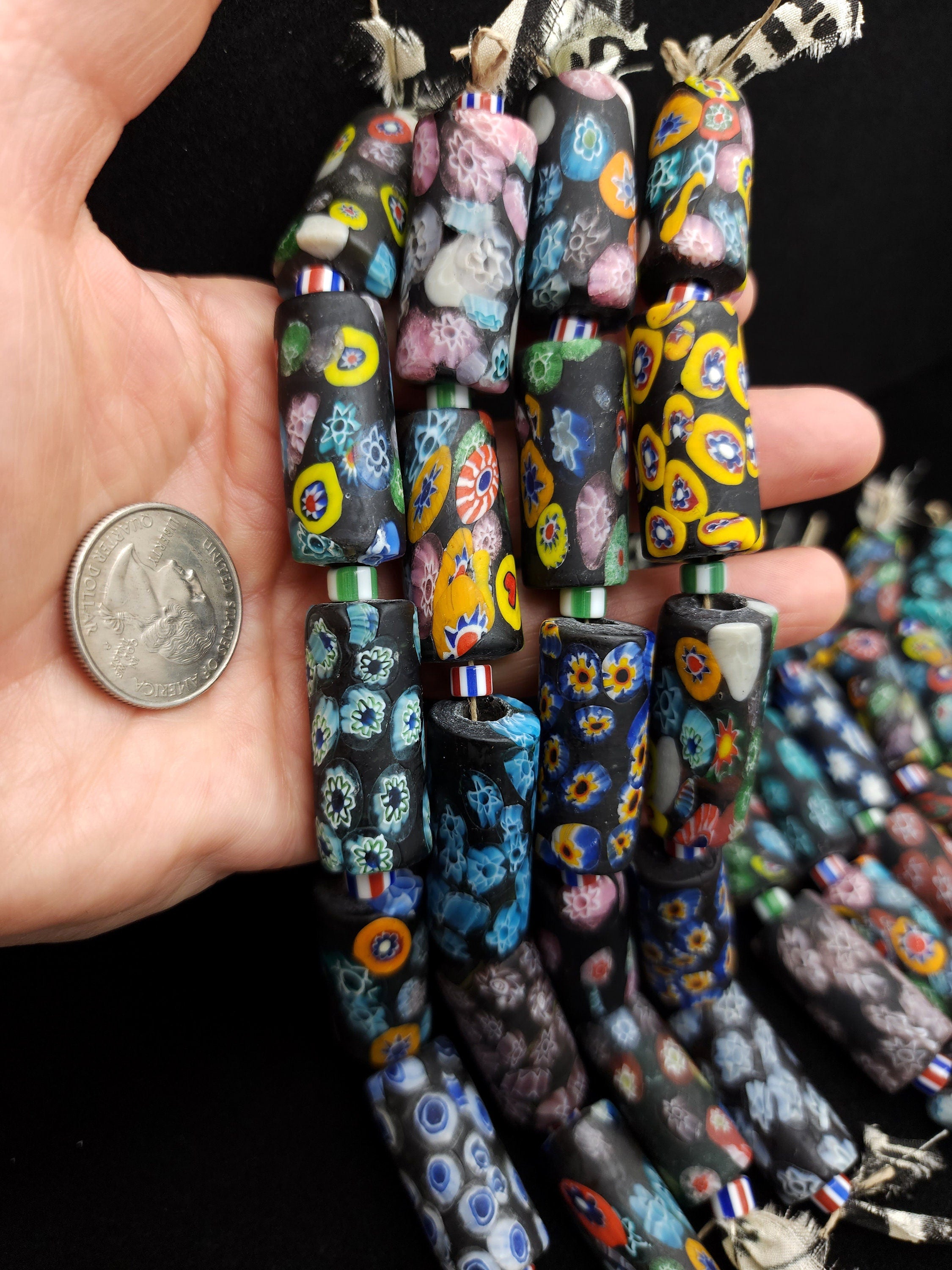 Colorful Strand With 5 Tubes Millefiori Beads   Long 32-33mm, Handmade Millefiori Beads, Venetians, Glass Beads, Jewelry Making Supplies.