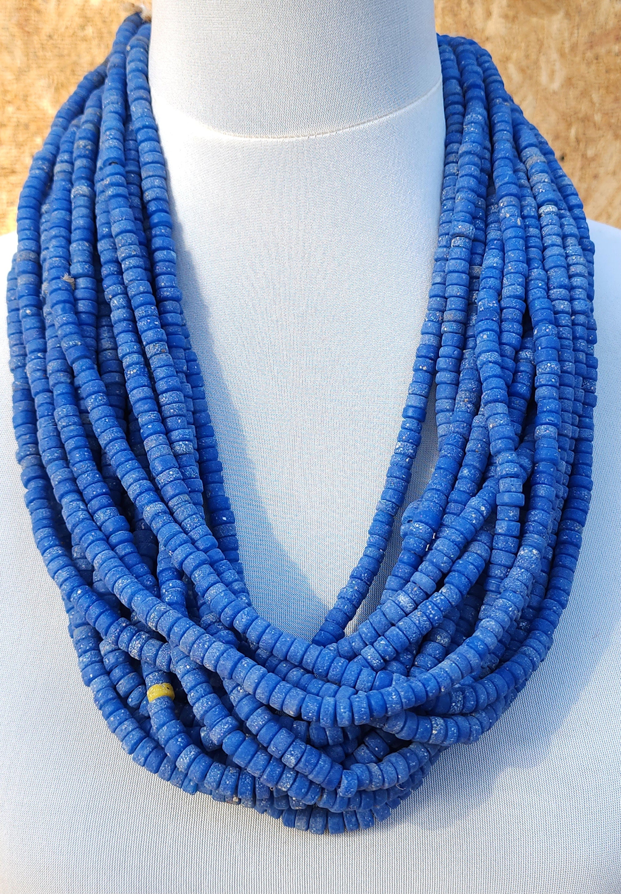 Blue Glass Beads With Strong Old Rustic Accent Raw Texture, 7-8mm Strand 10", Heishi, Indonesian, Java, Jewelry Making Supplies.