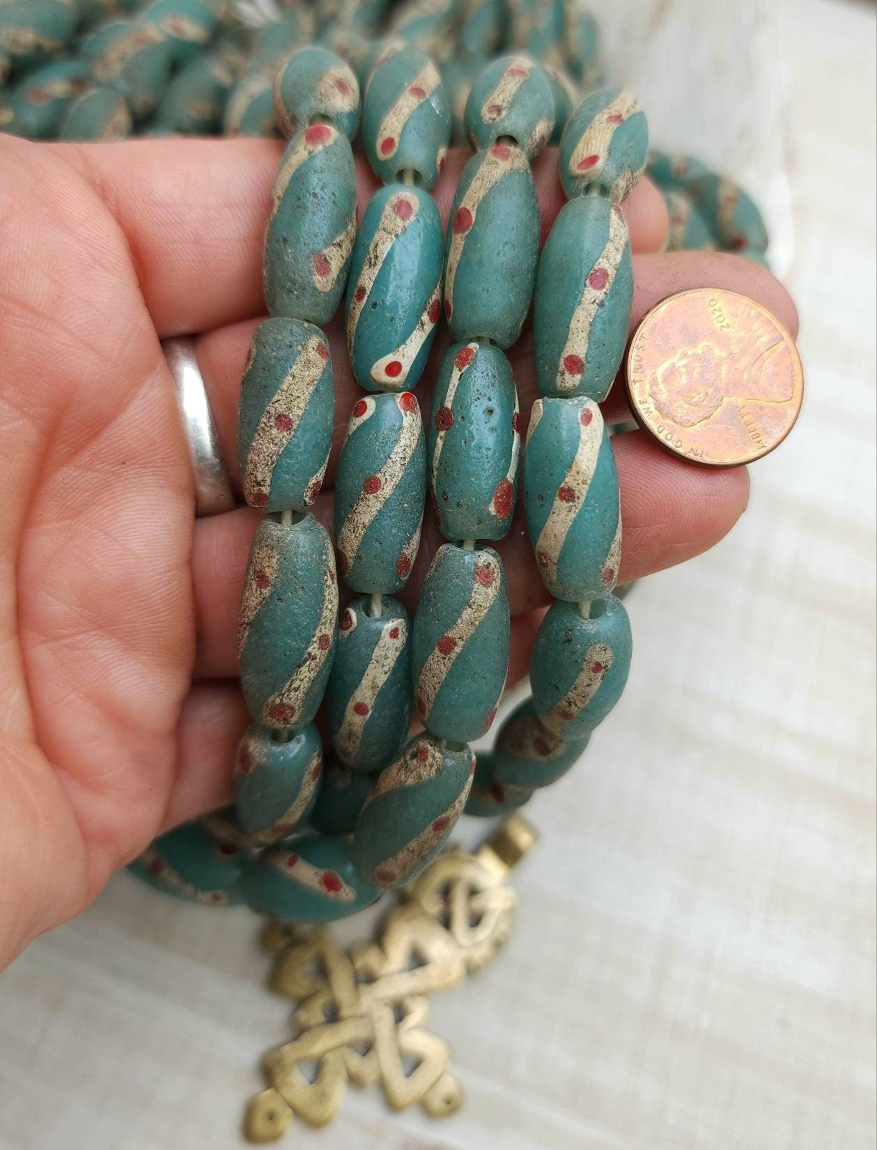Teal Turquoise Old Accent Glass Beads Made By Thai Artisan Hands /Java / 10 Beads 18-20mm x 10mm /Jewelry Supplies / Vintage / Venetian